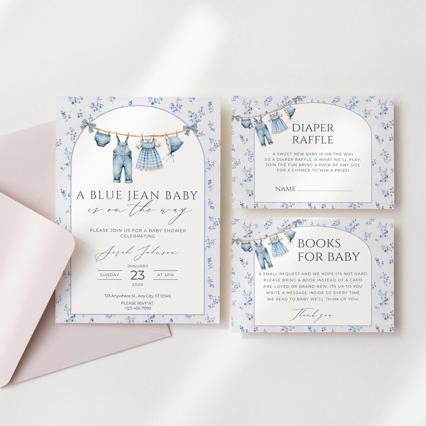 Blue Jean Baby Shower Invitation Books for Baby Diaper Raffle Floral Baby Sprinkle Invite Denim Baby Shower Cowboy Baby Shower