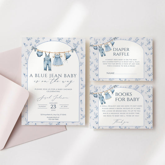 Blue Jean Baby Shower Invitation Books for Baby Diaper Raffle Floral Baby Sprinkle Invite Denim Baby Shower Cowboy Baby Shower