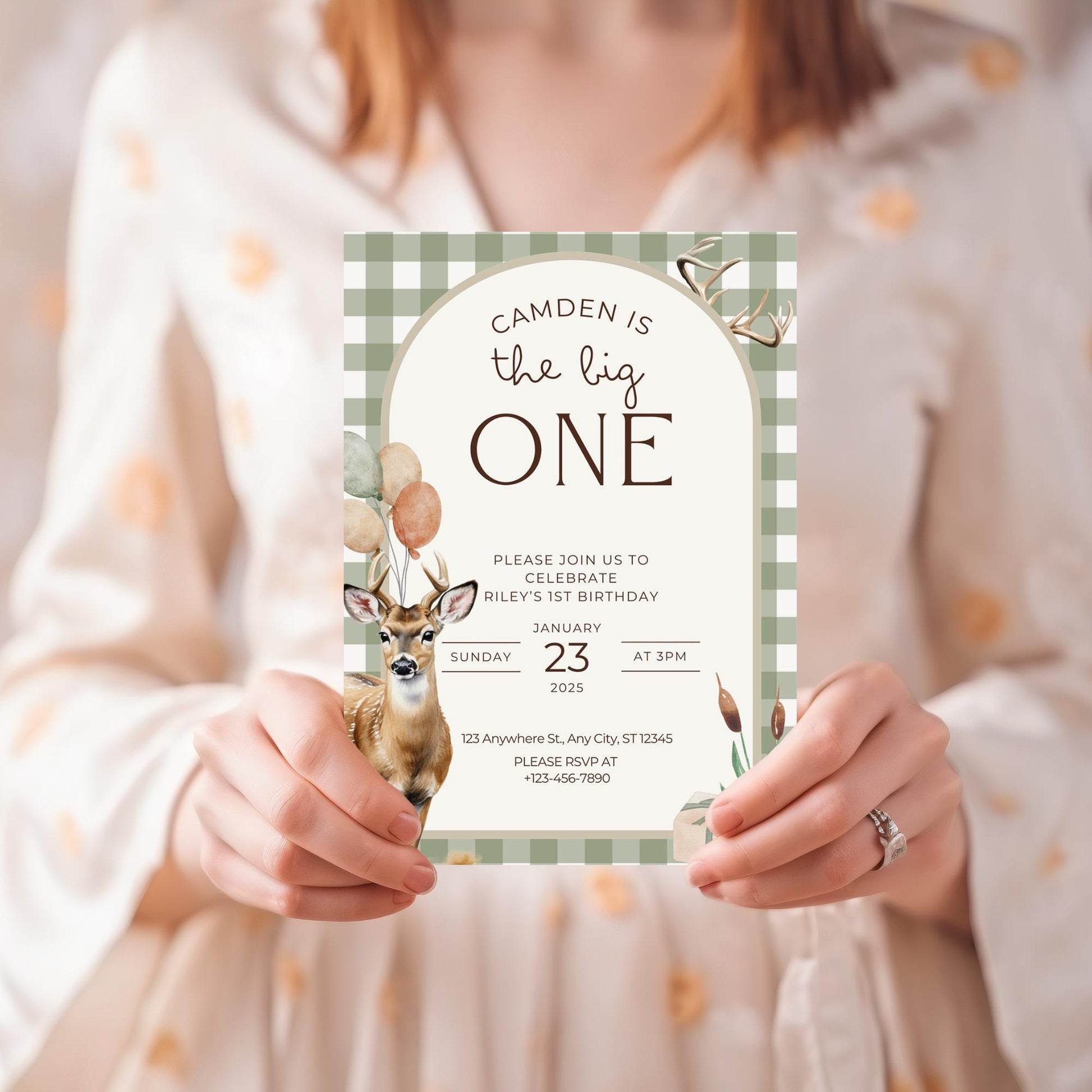 The Big One Deer Birthday Invitation Boys First Birthday Invite Hunting 1st Birthday Party Invite One Lucky Buck Party Decor First Hunt