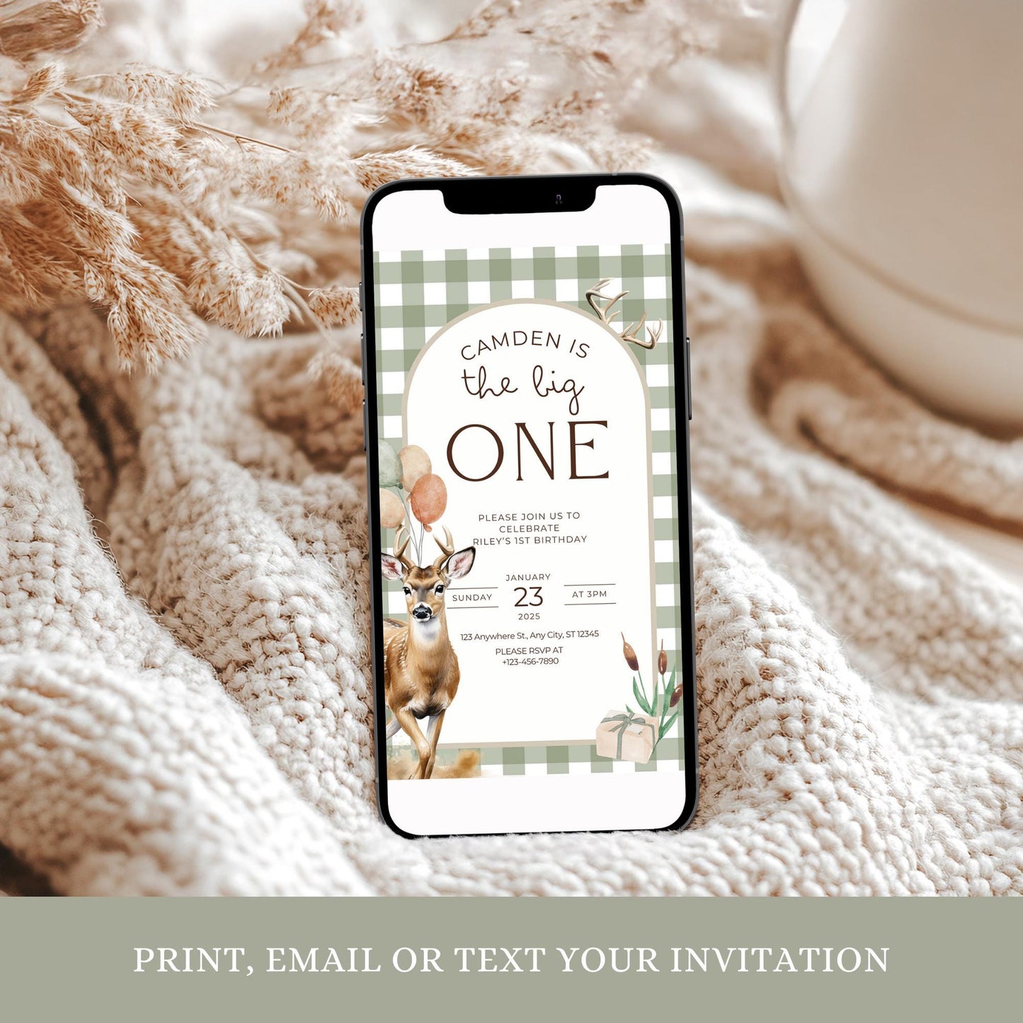 The Big One Deer Birthday Invitation Boys First Birthday Invite Hunting 1st Birthday Party Invite One Lucky Buck Party Decor First Hunt