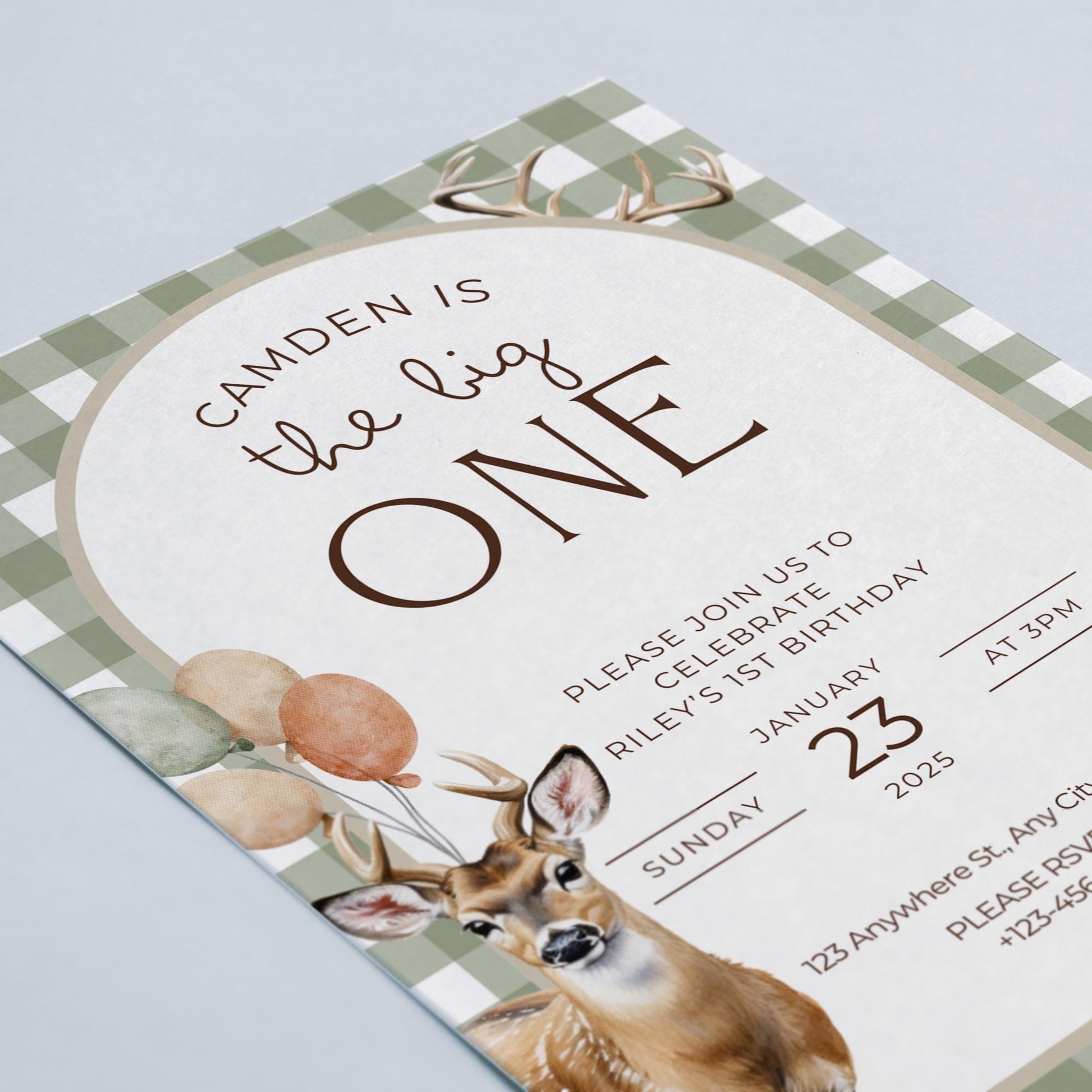 The Big One Deer Birthday Invitation Boys First Birthday Invite Hunting 1st Birthday Party Invite One Lucky Buck Party Decor First Hunt