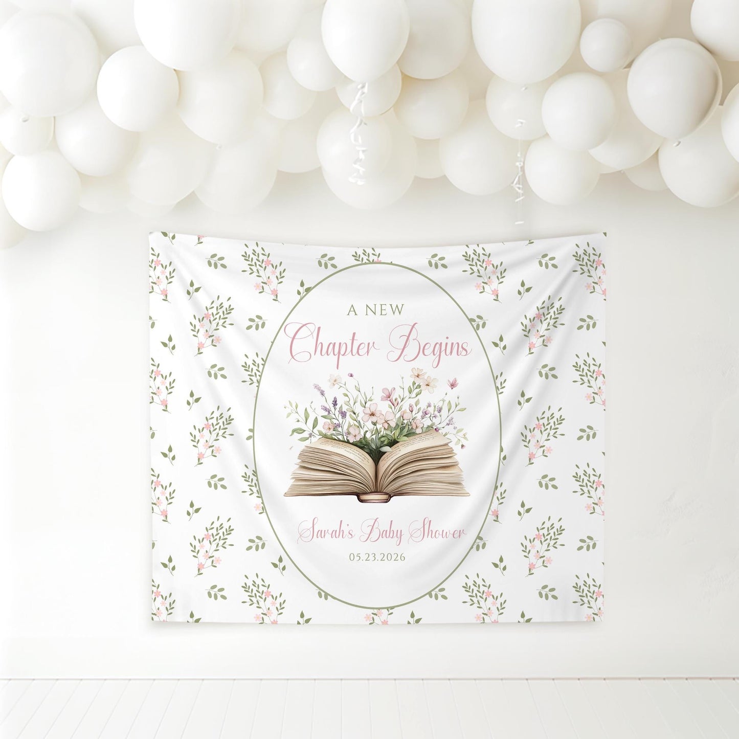 A New Chapter Begins Baby Shower Personalized Banner Story Book Baby Shower Decor Photo Backdrop Custom Banner Floral Book Baby Shower Ideas