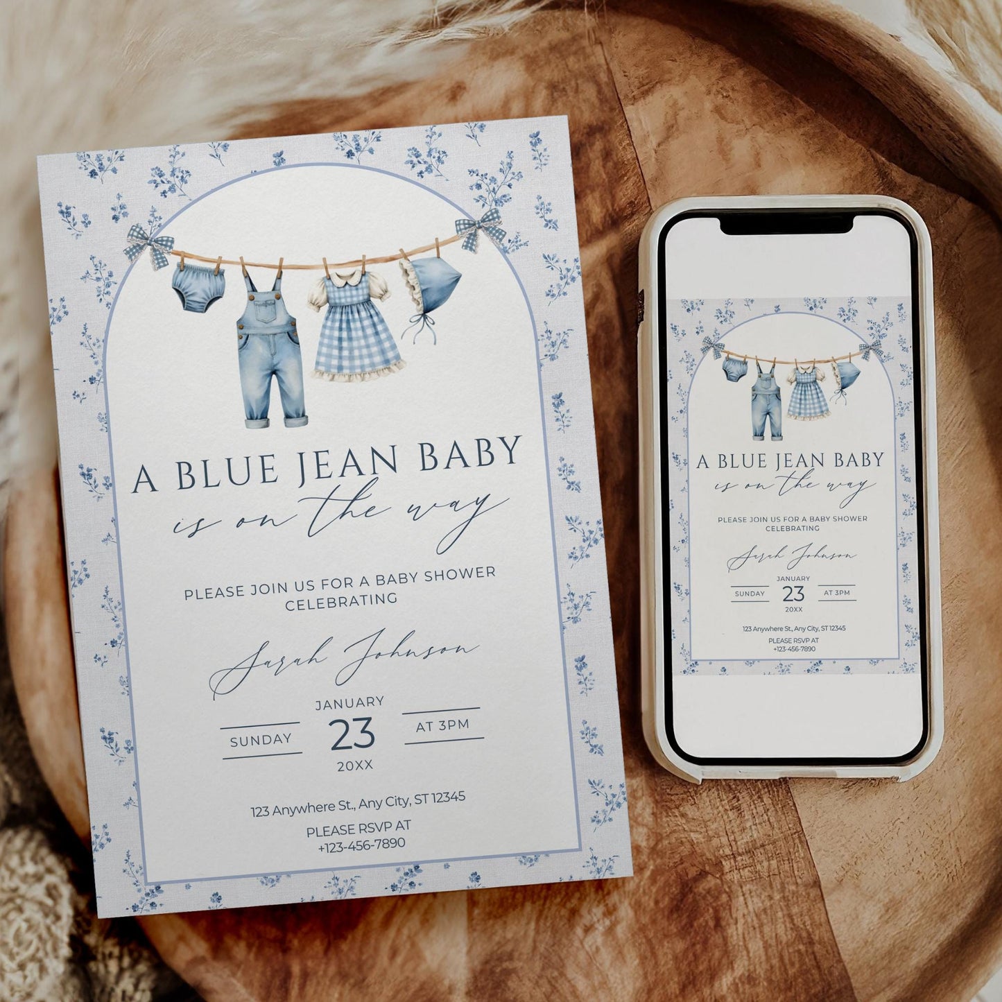 Blue Jean Baby Shower Invitation Floral Baby Sprinkle Invite Denim Baby Shower Cowboy Baby Shower Editable Baby Shower Invitation Template
