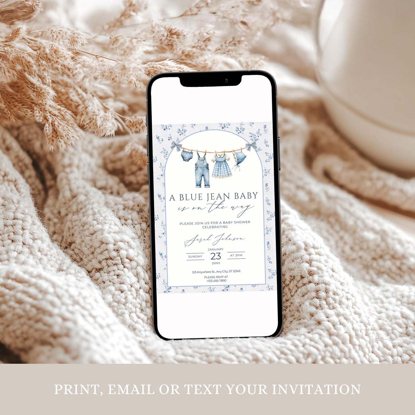 Blue Jean Baby Shower Invitation Floral Baby Sprinkle Invite Denim Baby Shower Cowboy Baby Shower Editable Baby Shower Invitation Template