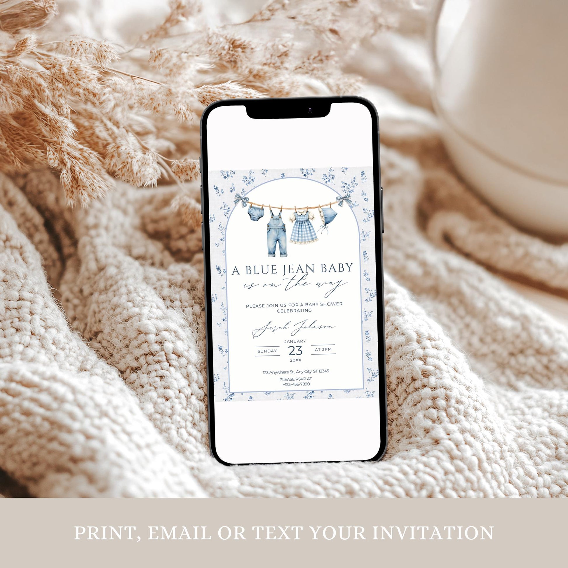 Blue Jean Baby Shower Invitation Floral Baby Sprinkle Invite Denim Baby Shower Cowboy Baby Shower Editable Baby Shower Invitation Template