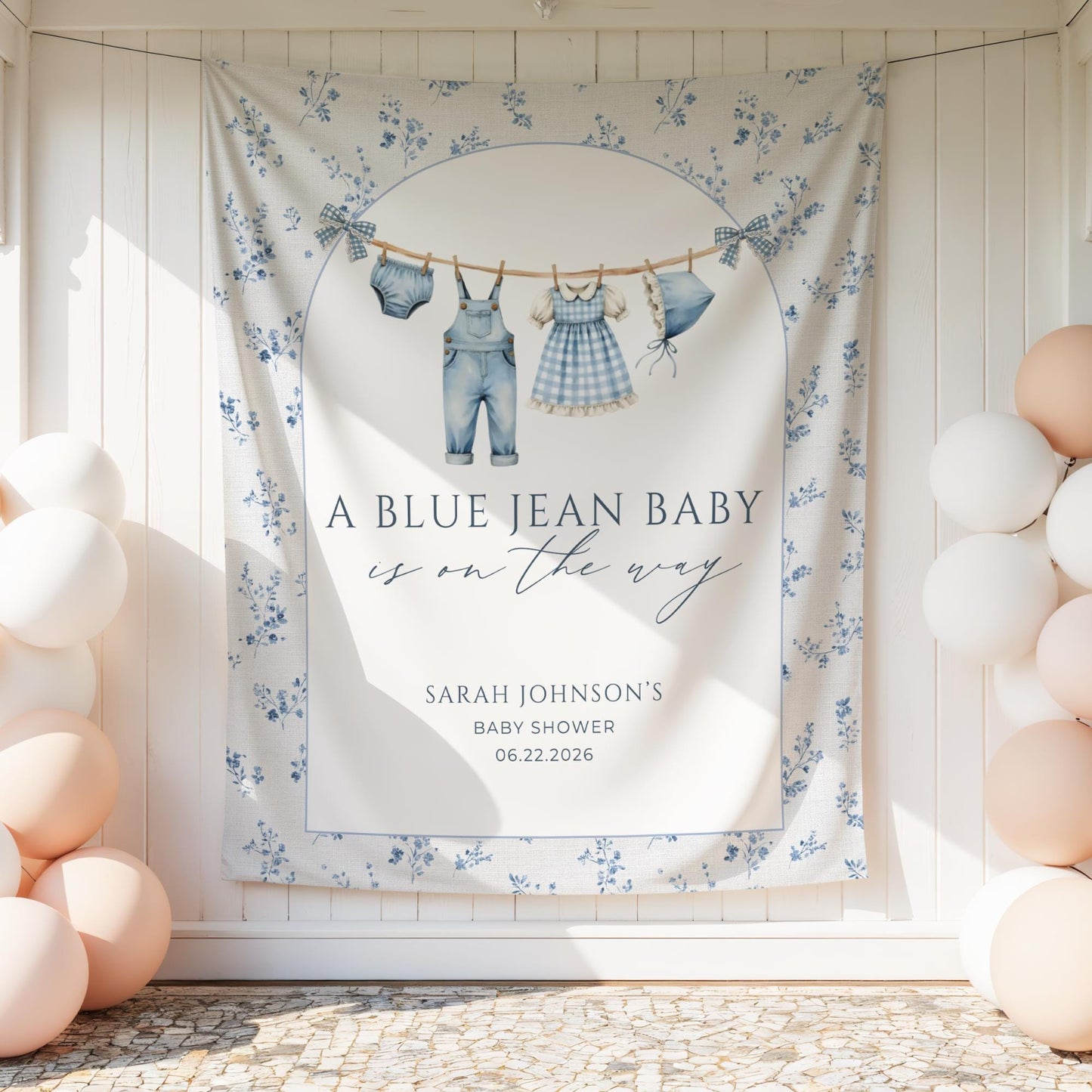 Blue Jean Baby Shower Personalized Banner Denim Baby Sprinkle Decor Photo Backdrop Custom Banner Floral Cowboy Baby Shower Ideas