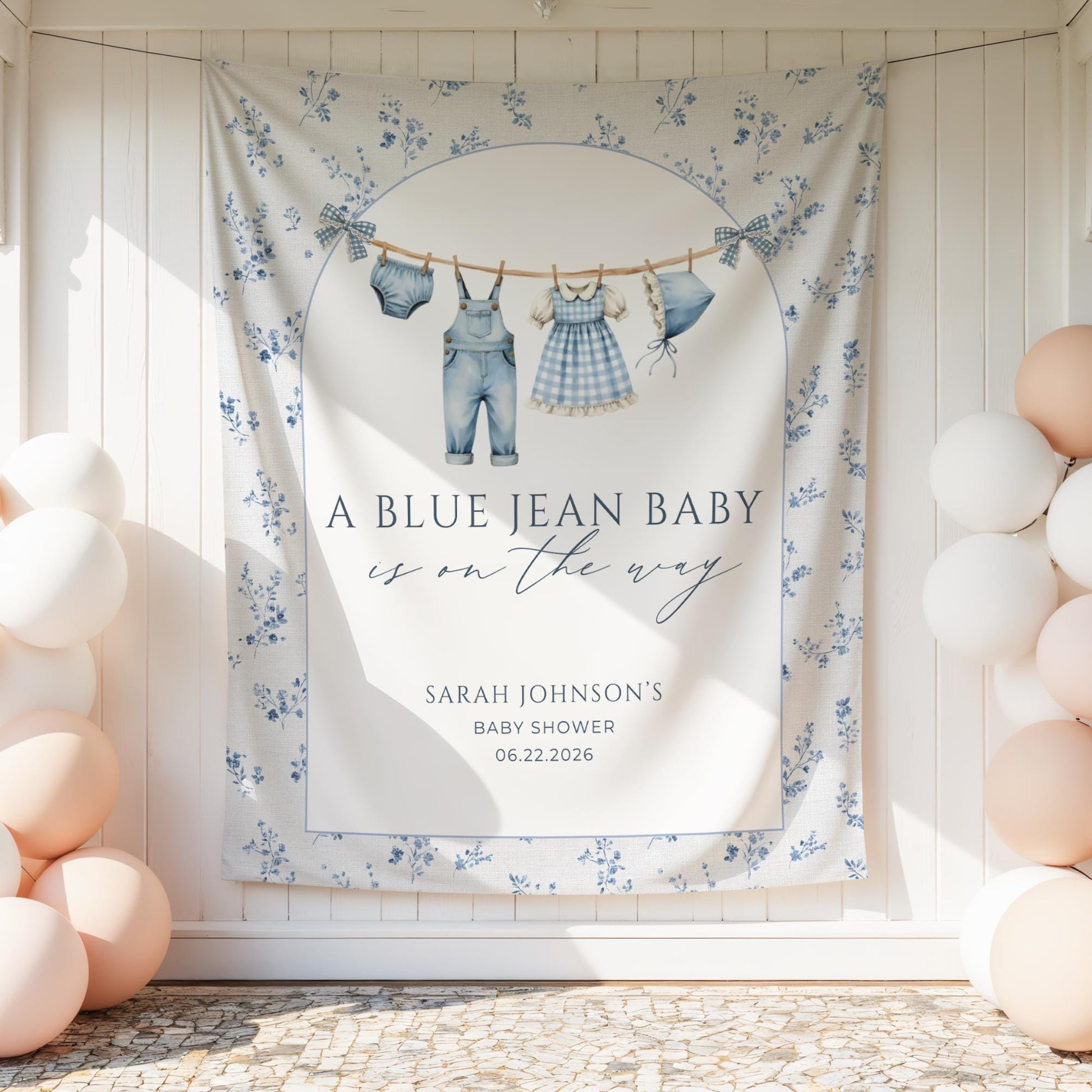 Blue Jean Baby Shower Personalized Banner Denim Baby Sprinkle Decor Photo Backdrop Custom Banner Floral Cowboy Baby Shower Ideas