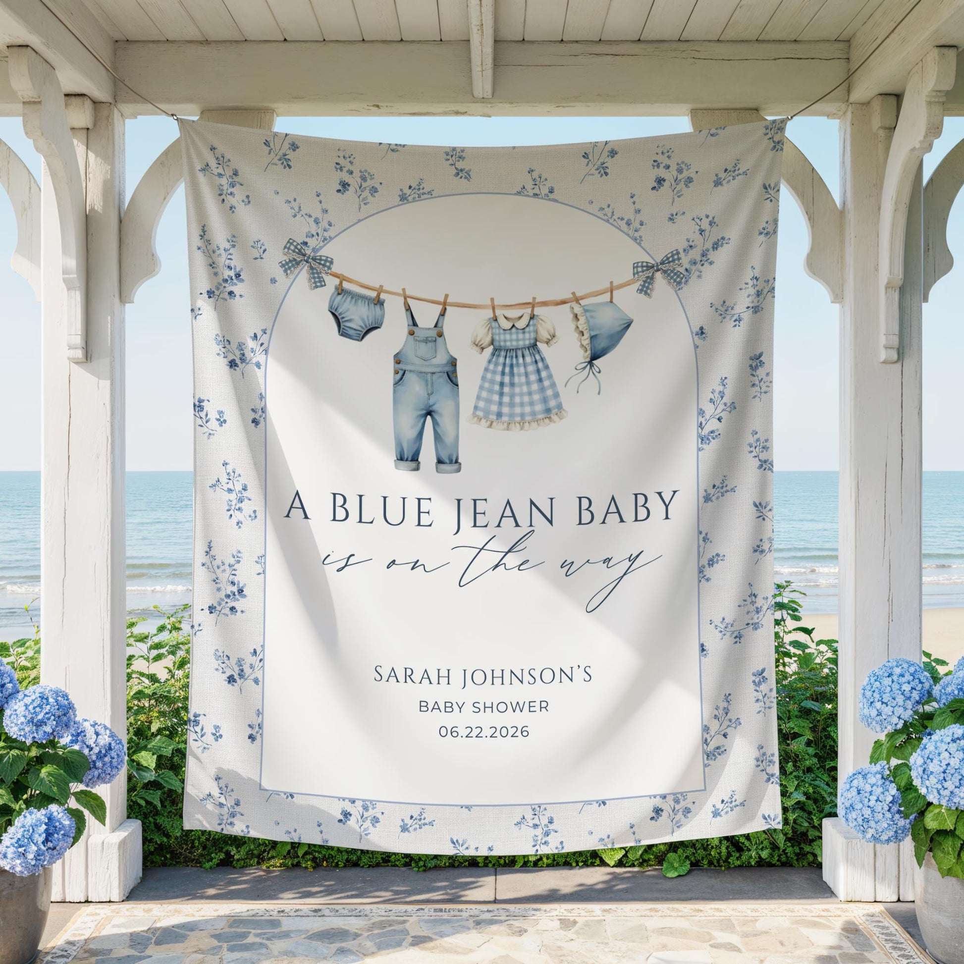 Blue Jean Baby Shower Personalized Banner Denim Baby Sprinkle Decor Photo Backdrop Custom Banner Floral Cowboy Baby Shower Ideas