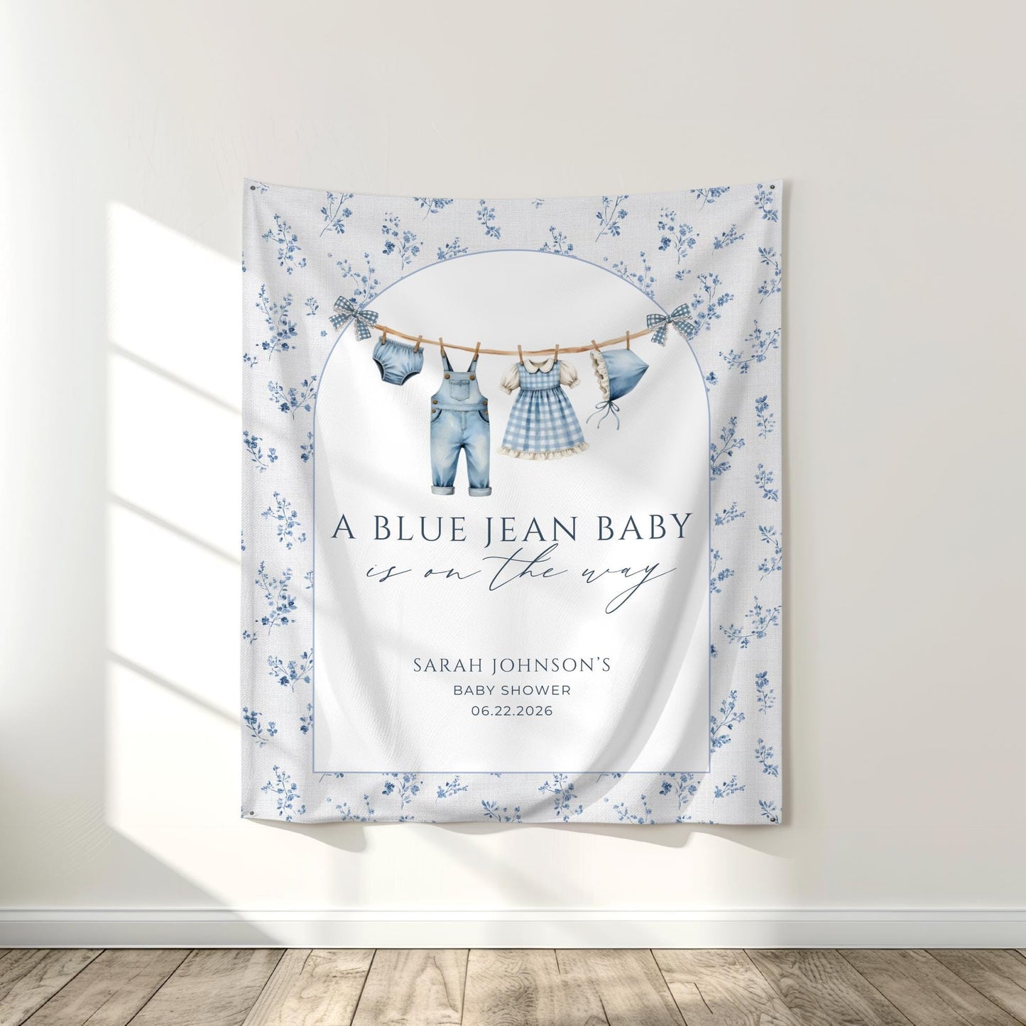 Blue Jean Baby Shower Personalized Banner Denim Baby Sprinkle Decor Photo Backdrop Custom Banner Floral Cowboy Baby Shower Ideas