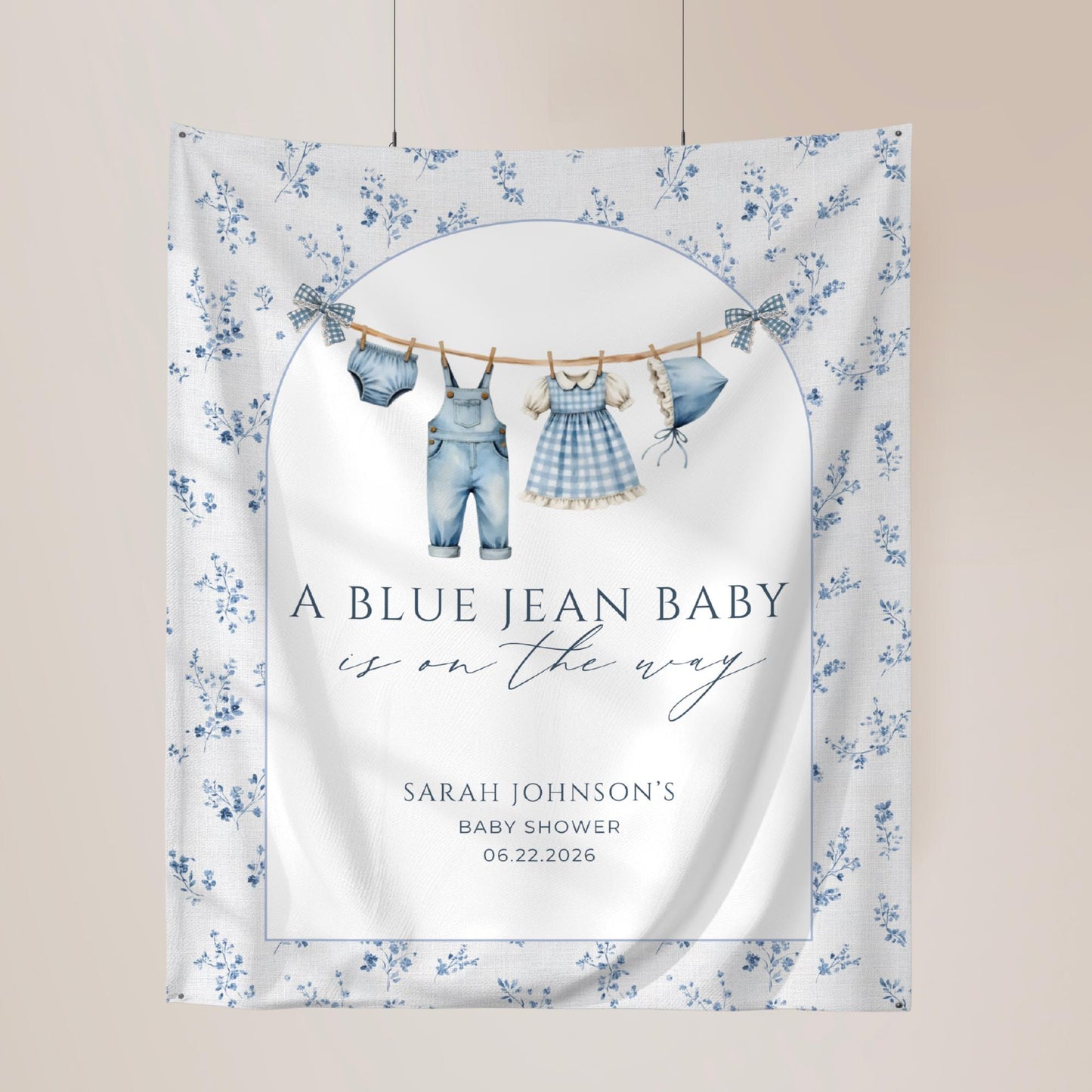 Blue Jean Baby Shower Personalized Banner Denim Baby Sprinkle Decor Photo Backdrop Custom Banner Floral Cowboy Baby Shower Ideas