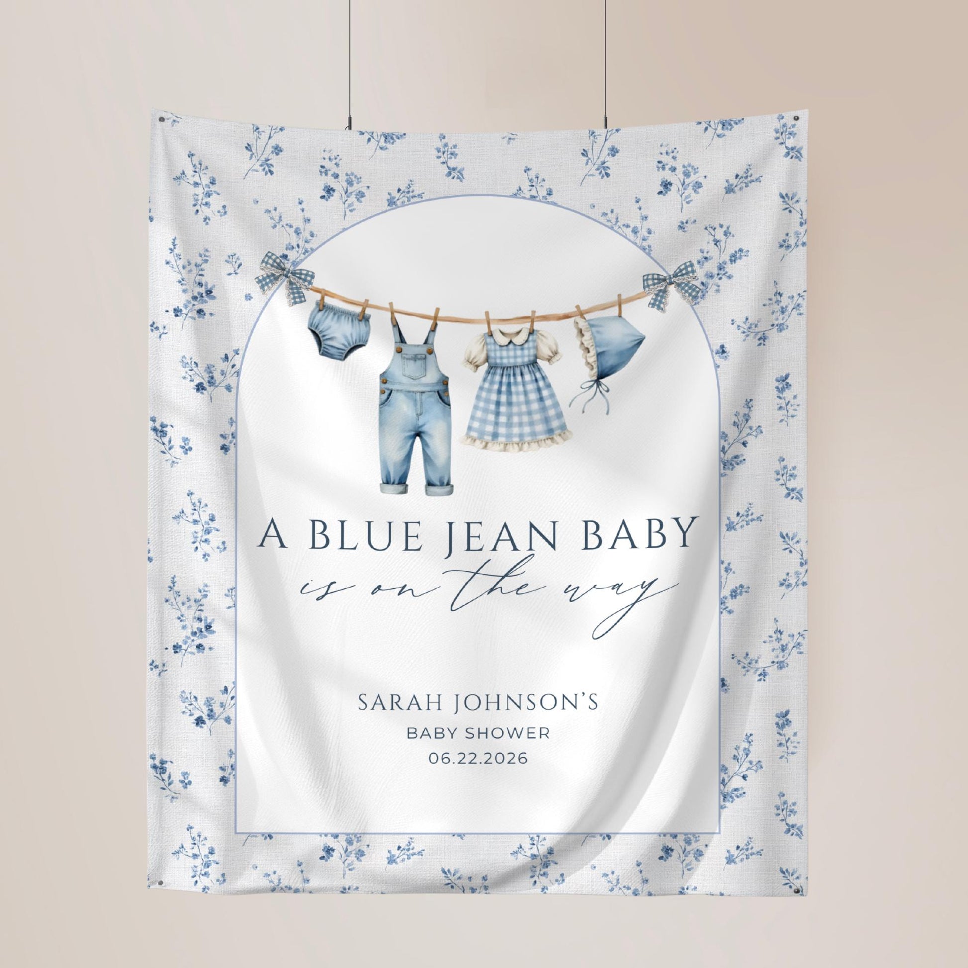 Blue Jean Baby Shower Personalized Banner Denim Baby Sprinkle Decor Photo Backdrop Custom Banner Floral Cowboy Baby Shower Ideas