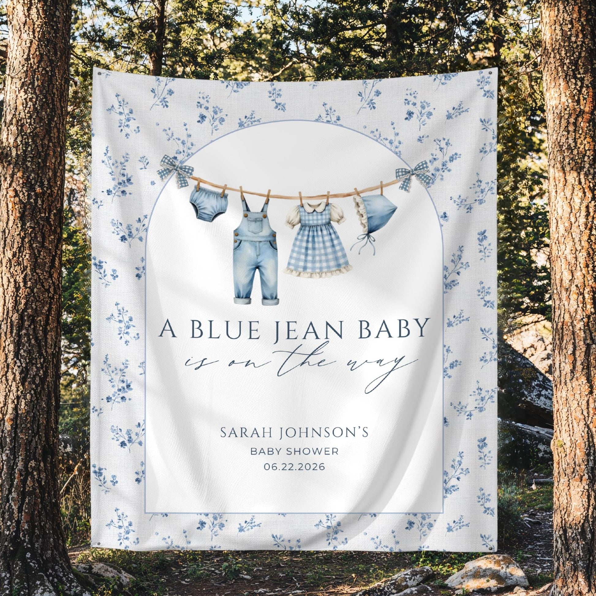 Blue Jean Baby Shower Personalized Banner Denim Baby Sprinkle Decor Photo Backdrop Custom Banner Floral Cowboy Baby Shower Ideas