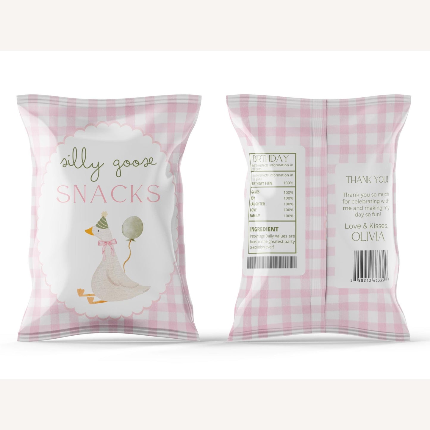 One Silly Goose Birthday Chip Bag Editable Silly Goose Party Chip Bag Label Silly Goose party favors Pink Gingham Goose Printable decor