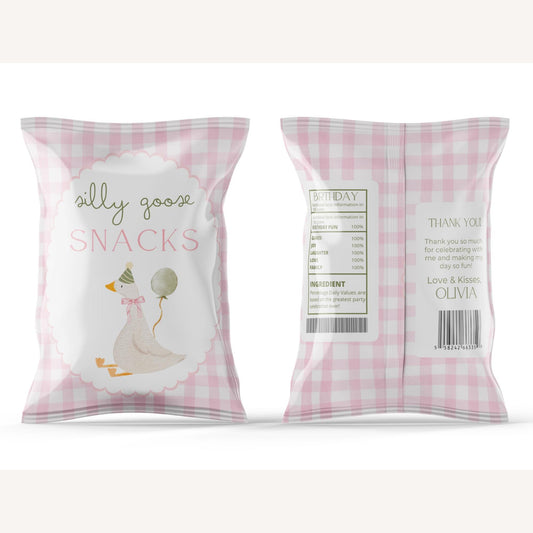 One Silly Goose Birthday Chip Bag Editable Silly Goose Party Chip Bag Label Silly Goose party favors Pink Gingham Goose Printable decor