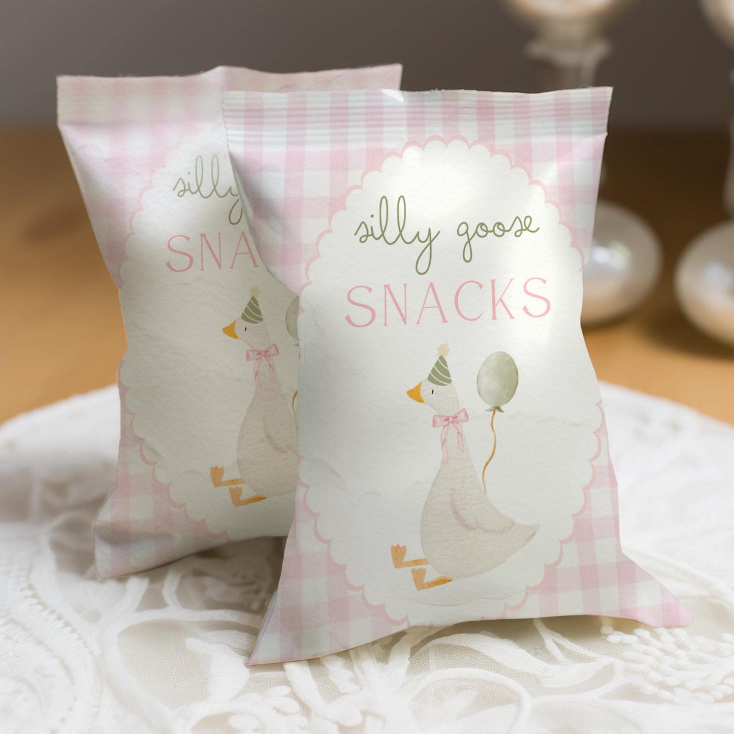 One Silly Goose Birthday Chip Bag Editable Silly Goose Party Chip Bag Label Silly Goose party favors Pink Gingham Goose Printable decor