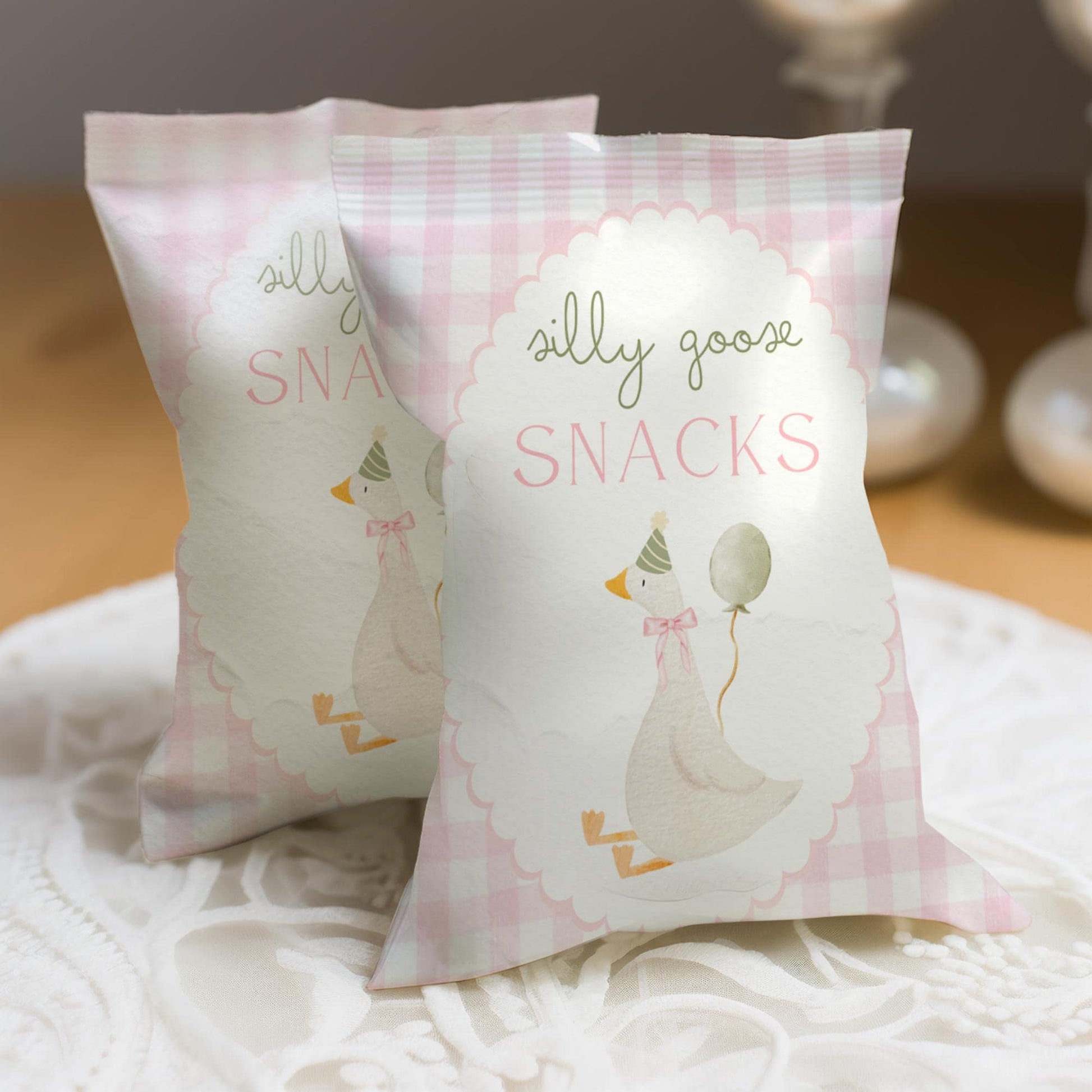 One Silly Goose Birthday Chip Bag Editable Silly Goose Party Chip Bag Label Silly Goose party favors Pink Gingham Goose Printable decor