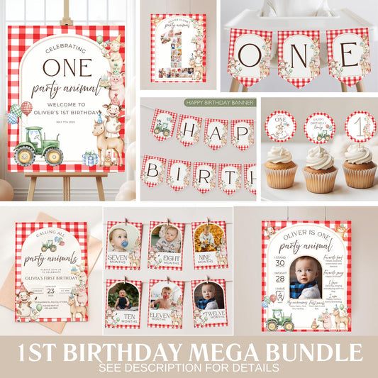 Farm Birthday Invite Barnyard First Birthday Party Decor Party Animals 1st Birthday Bundle Farm Animal Theme Party Country Birthday Decor