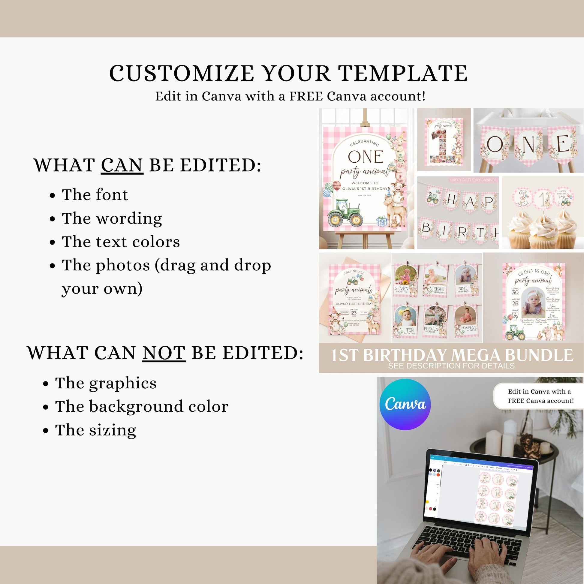 Pink Farm Birthday Invite Barnyard First Birthday Party Decor Party Animal 1st Birthday Bundle Farm Animal Theme Country Birthday Decor