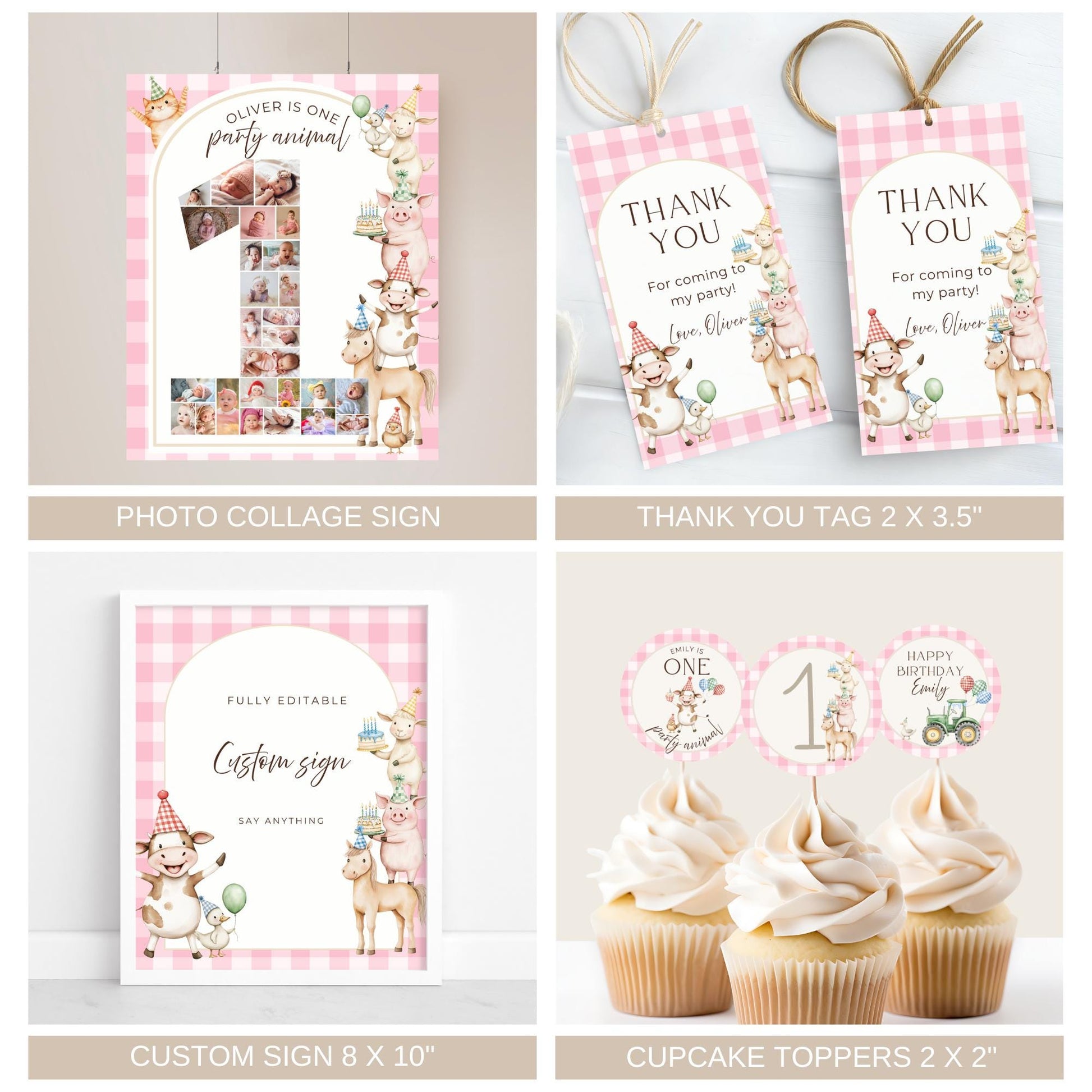Pink farm yard 1st birthday photo collage sign girl birthday cute farm animals thank you tags pink barnyard custom sign table sign girl first birthday cupcake toppers