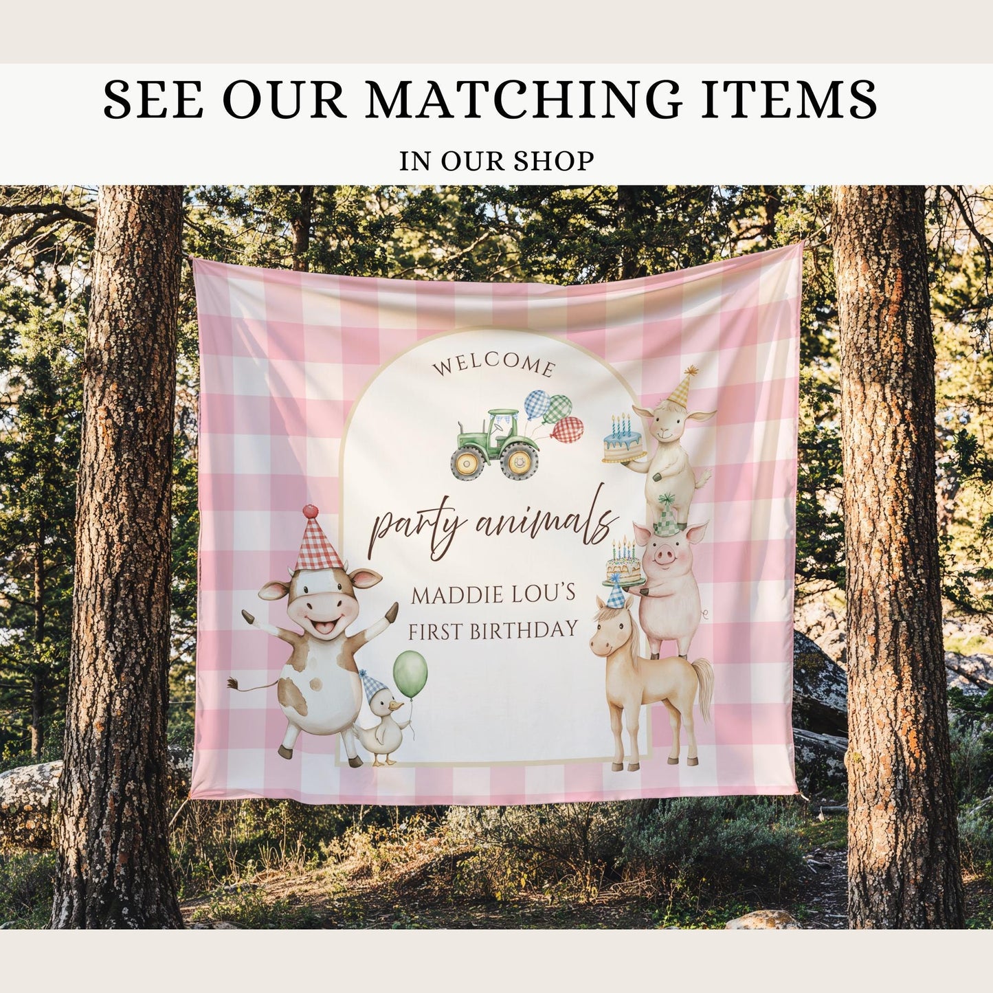 Pink Farm Birthday Invite Barnyard First Birthday Party Decor Party Animal 1st Birthday Bundle Farm Animal Theme Country Birthday Decor welcome sign wall tapestry