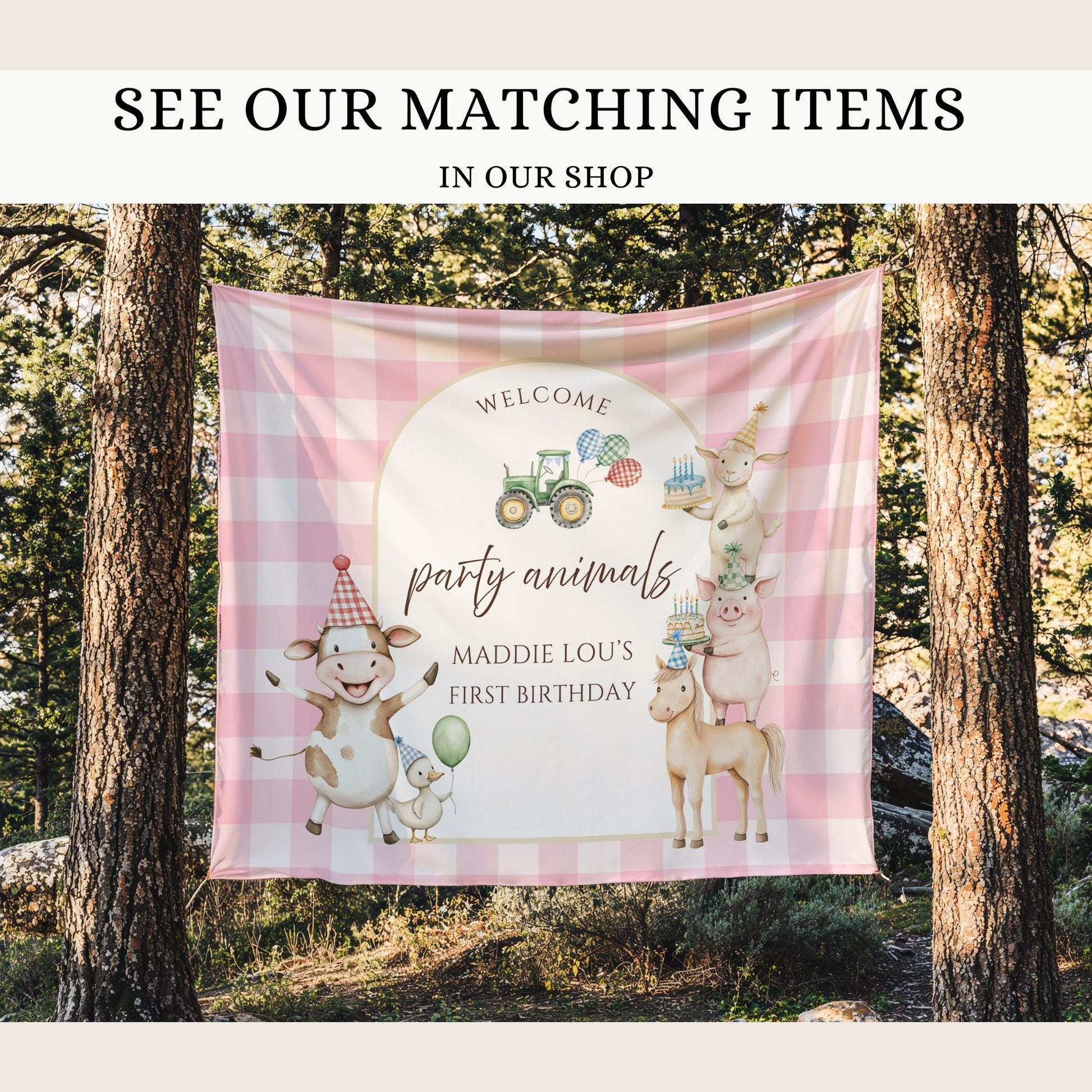 Pink Farm Birthday Invite Barnyard First Birthday Party Decor Party Animal 1st Birthday Bundle Farm Animal Theme Country Birthday Decor welcome sign wall tapestry