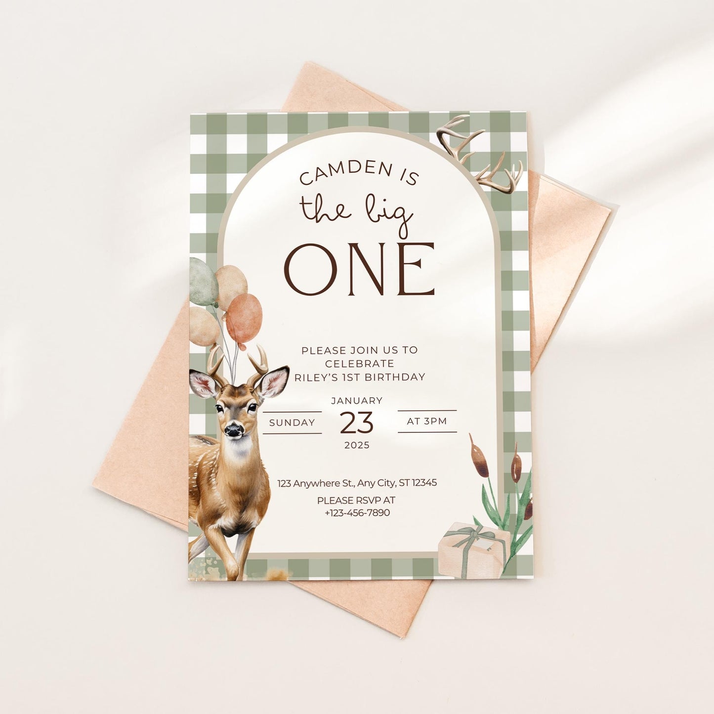 The Big One Deer Birthday Invitation Boys First Birthday Invite Hunting 1st Birthday Party Invite One Lucky Buck Party Decor First Hunt