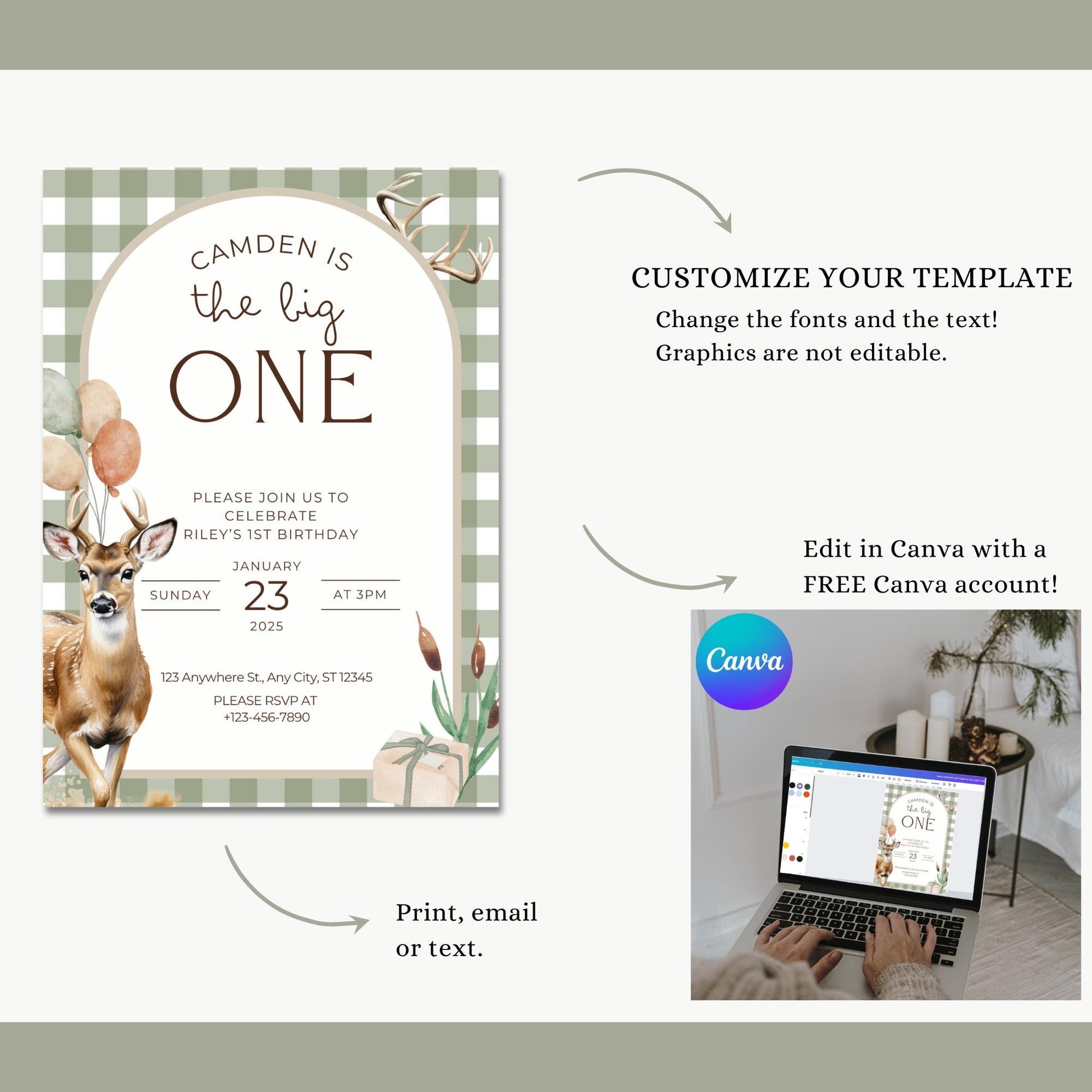 The Big One Deer Birthday Invitation Boys First Birthday Invite Hunting 1st Birthday Party Invite One Lucky Buck Party Decor First Hunt