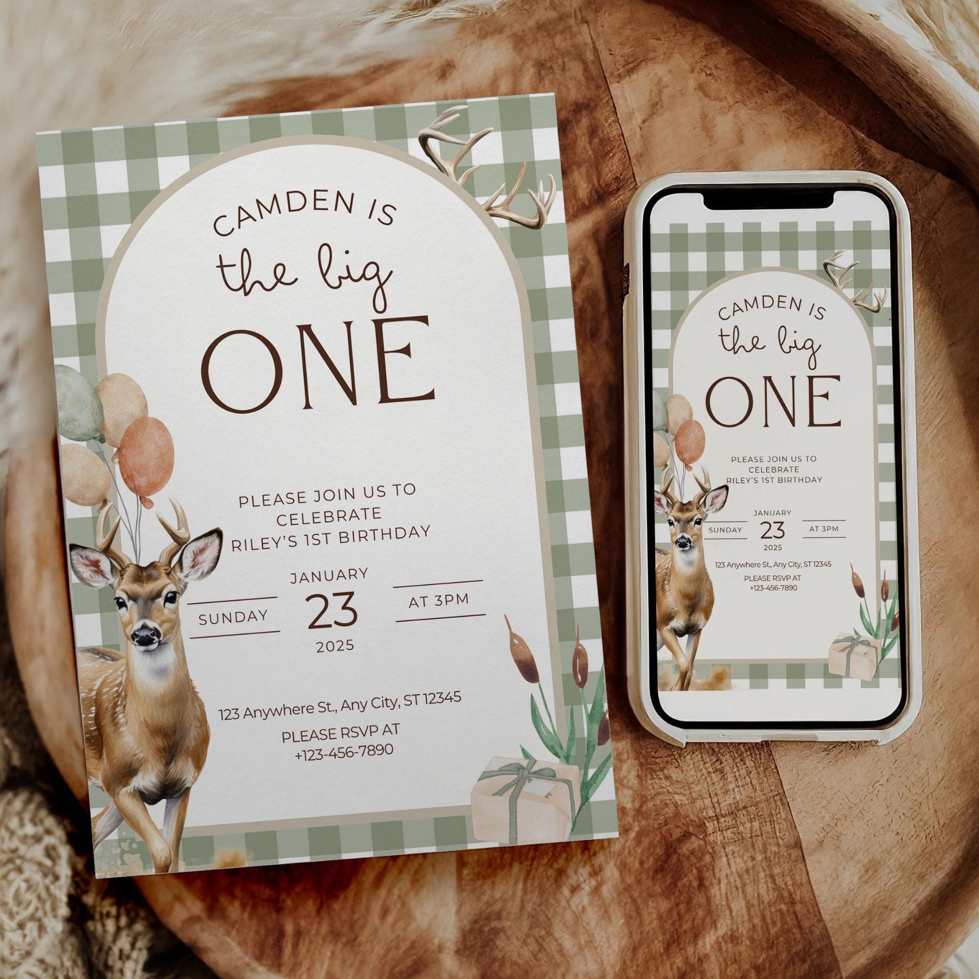 The Big One Deer Birthday Invitation Boys First Birthday Invite Hunting 1st Birthday Party Invite One Lucky Buck Party Decor First Hunt