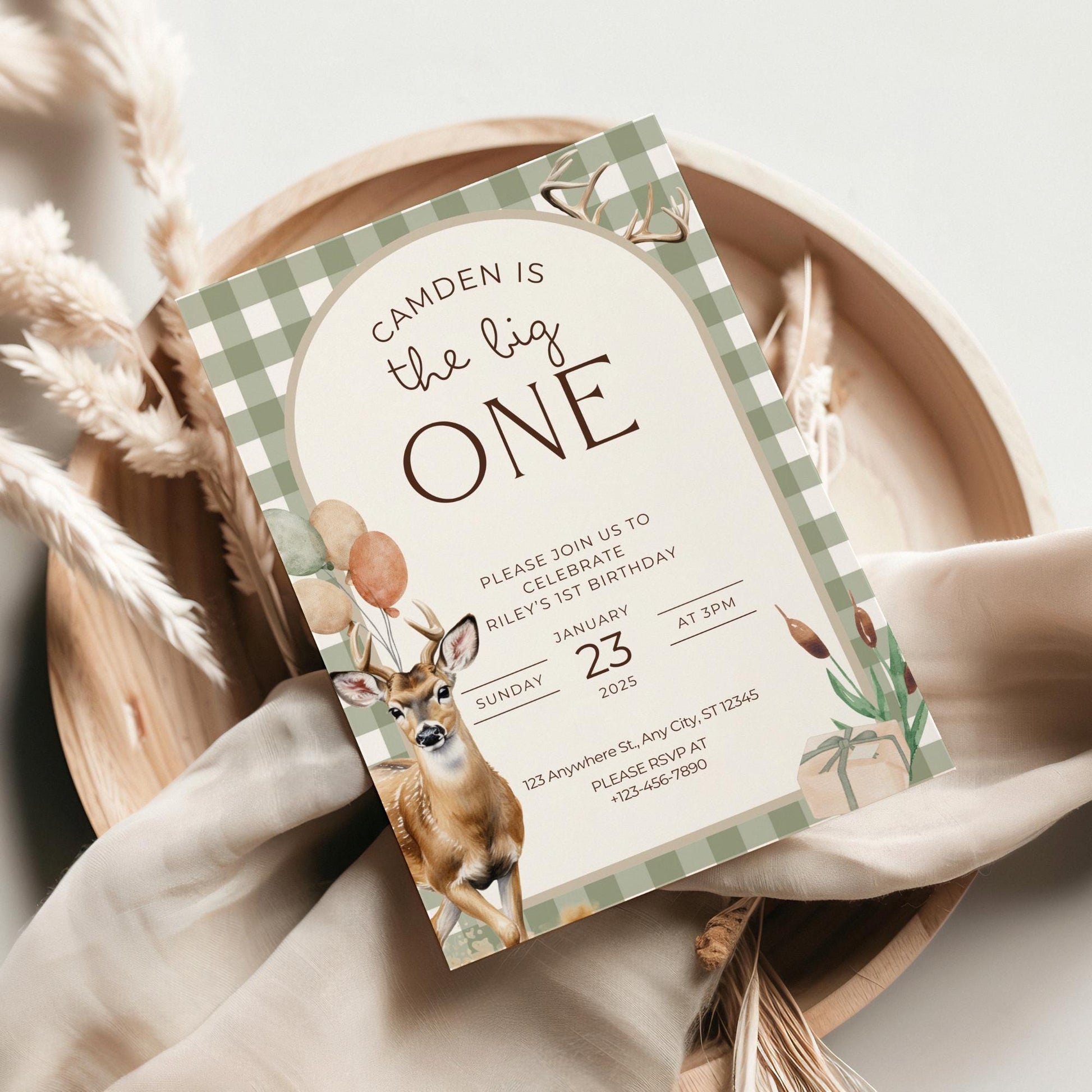 The Big One Deer Birthday Invitation Boys First Birthday Invite Hunting 1st Birthday Party Invite One Lucky Buck Party Decor First Hunt