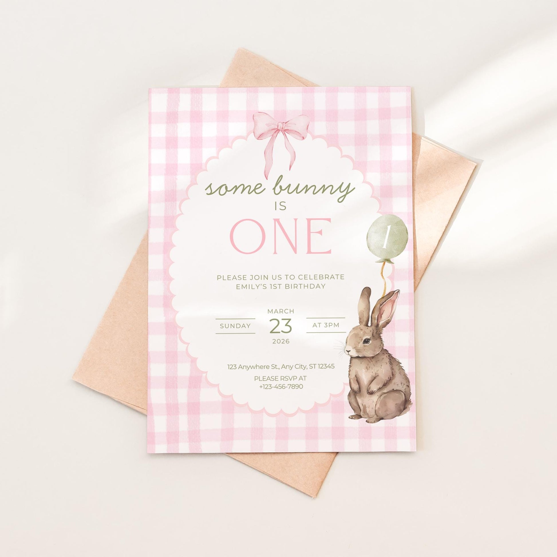 Some Bunny is One Birthday Invitation Bunny Birthday Invite Pink Gingham Invitation Coquette Bunny First birthday Rabbit Birthday Invite