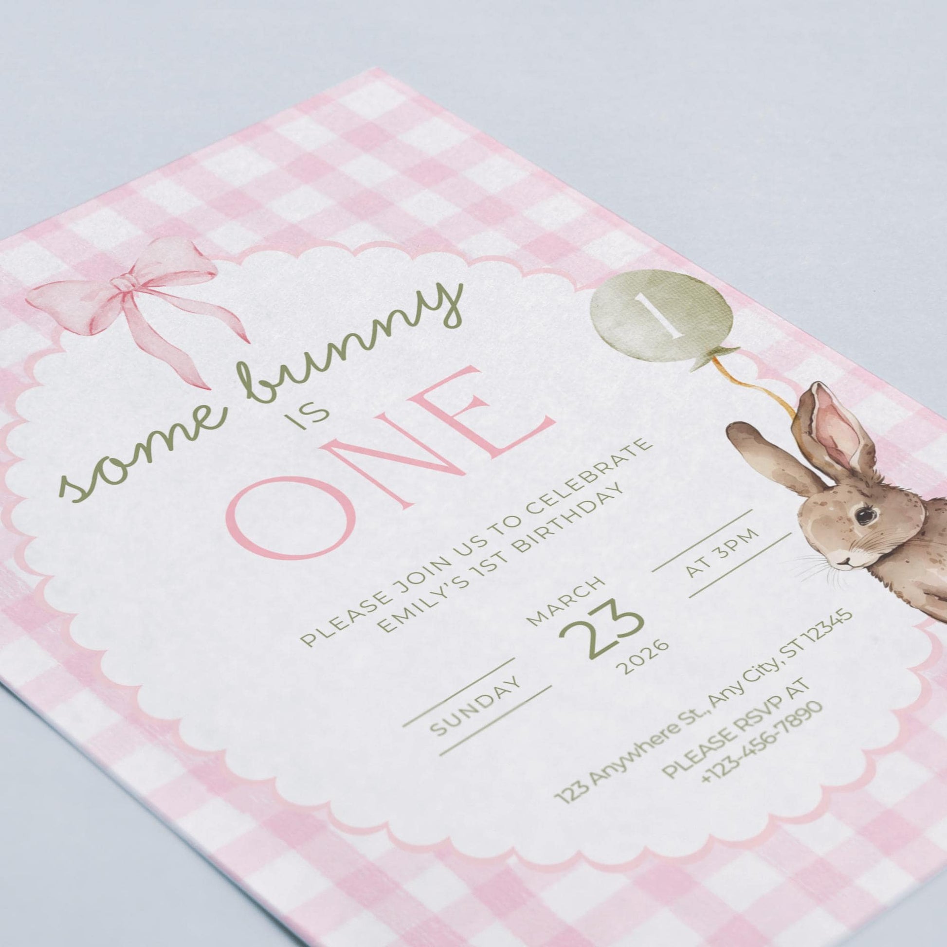 Some Bunny is One Birthday Invitation Bunny Birthday Invite Pink Gingham Invitation Coquette Bunny First birthday Rabbit Birthday Invite