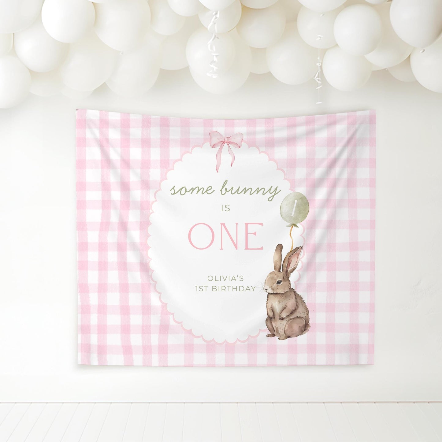 Some Bunny is One Birthday Backdrop Bunny Birthday Welcome Sign Pink Gingham Bunny Banner Personalized Easter Birthday Decoration