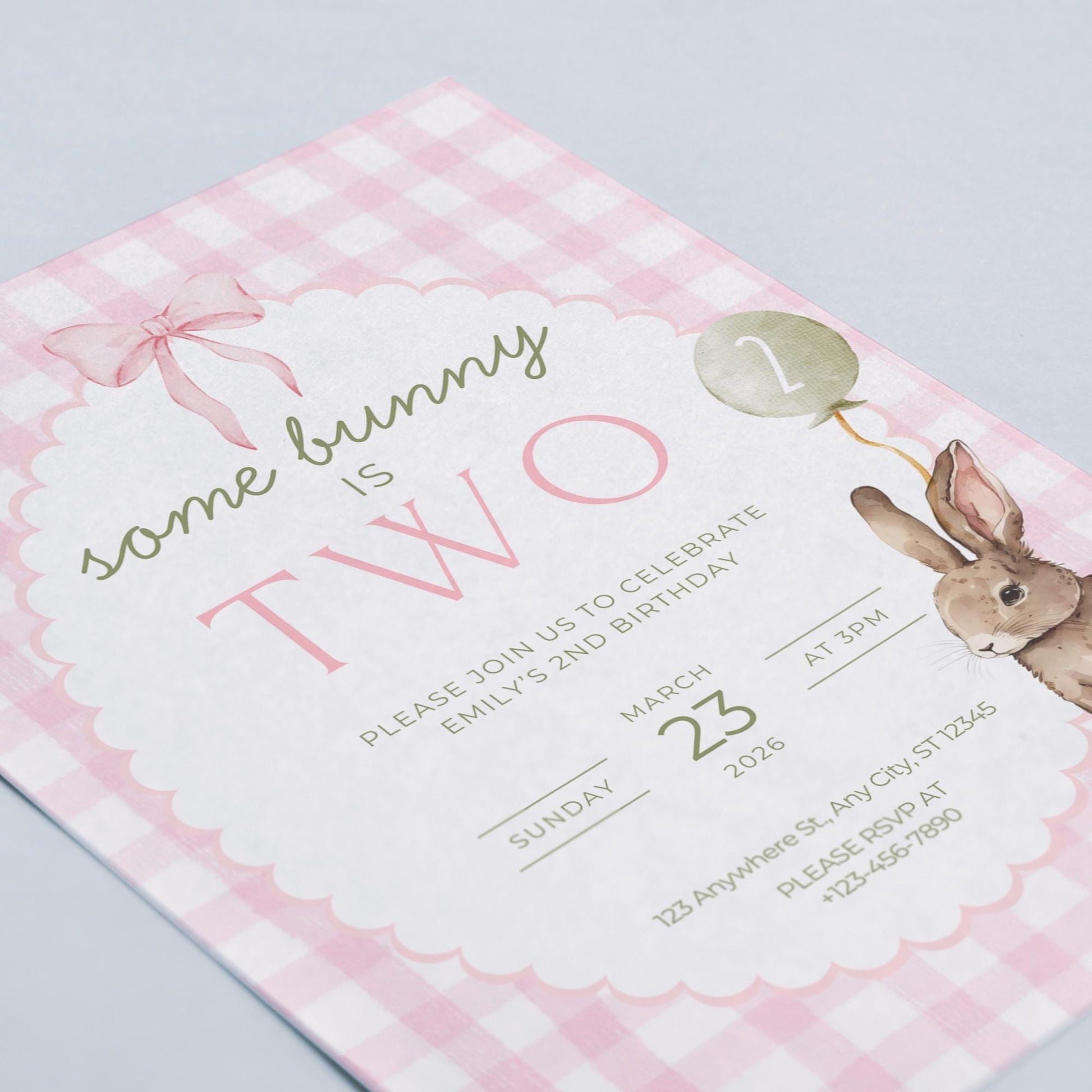 Some Bunny is Two Birthday Invitation Pink Bow Birthday Invite Pink Gingham Invitation Coquette Bunny 2nd birthday Rabbit Birthday