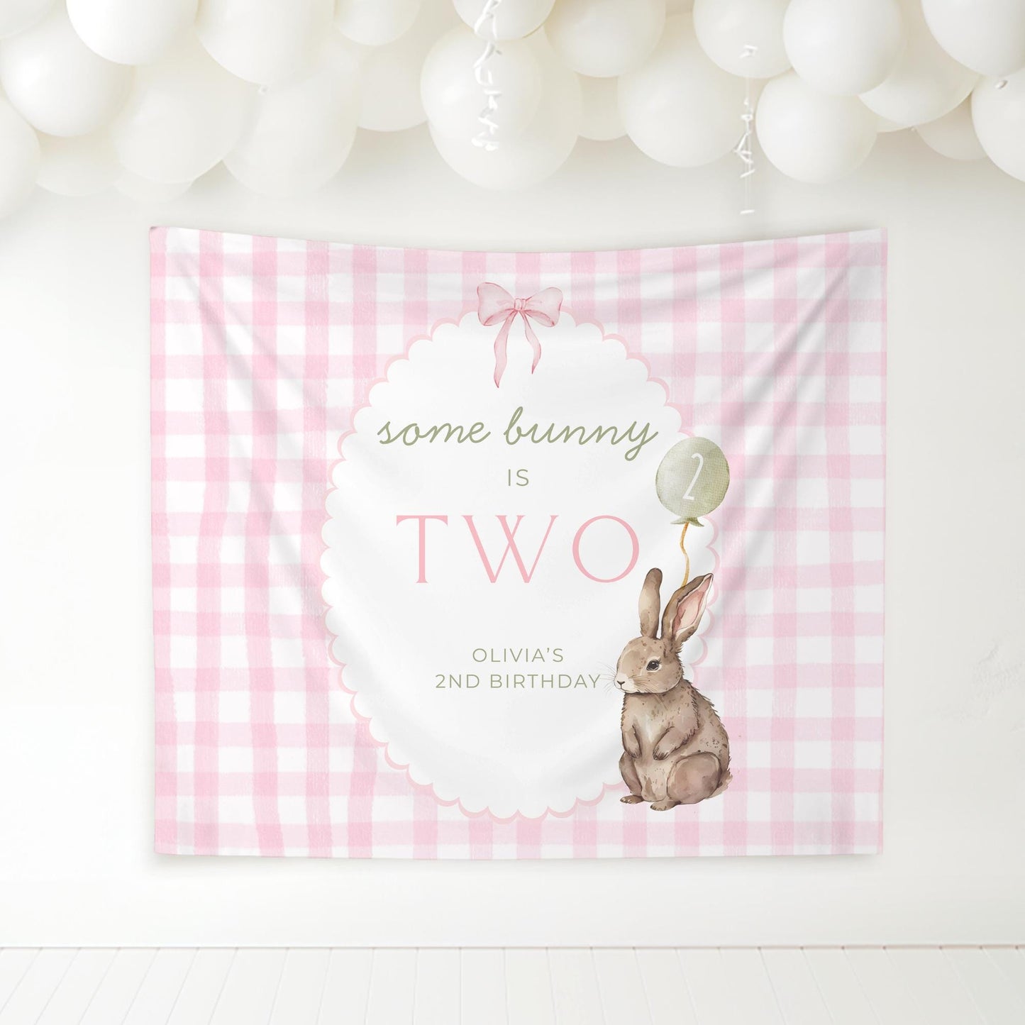 Some Bunny is Two Birthday Backdrop Bunny Birthday Welcome Sign Pink Gingham Bunny Banner Personalized Easter Birthday Decoration