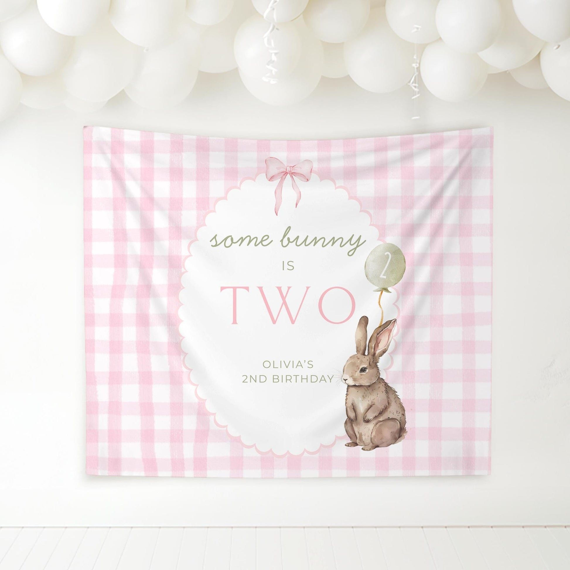 Some Bunny is Two Birthday Backdrop Bunny Birthday Welcome Sign Pink Gingham Bunny Banner Personalized Easter Birthday Decoration