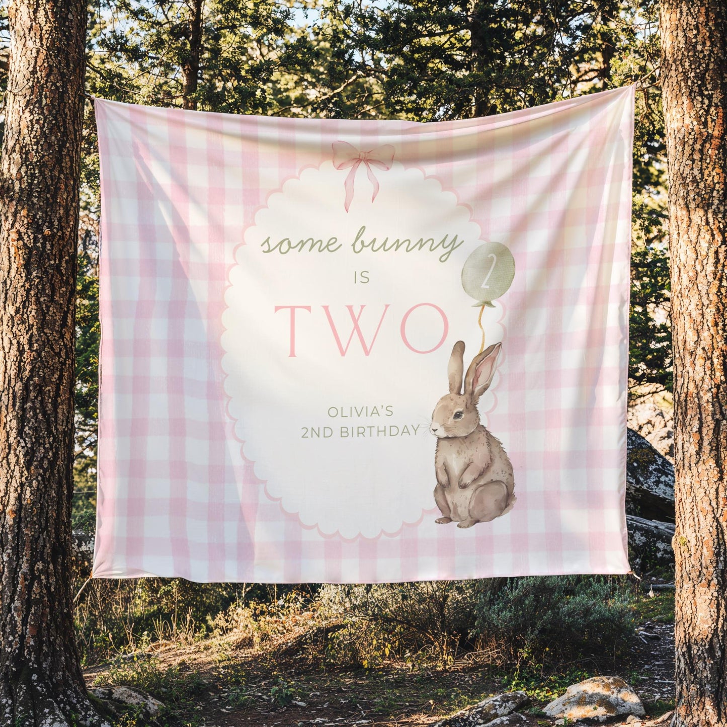 Some Bunny is Two Birthday Backdrop Bunny Birthday Welcome Sign Pink Gingham Bunny Banner Personalized Easter Birthday Decoration