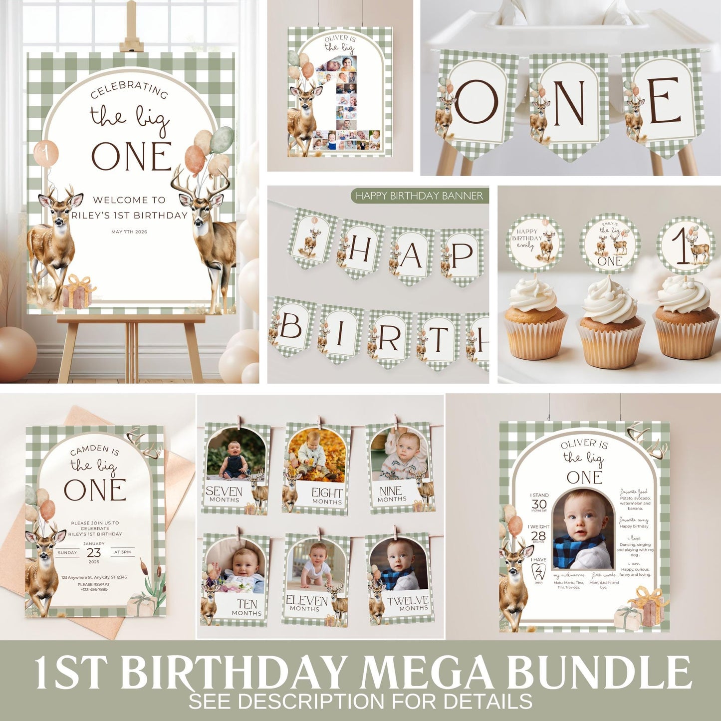 The Big One Deer Birthday Invite Deer First Birthday Party Decor Hunting 1st Birthday Bundle Whitetail Theme Party First Hunt Birthday Decor