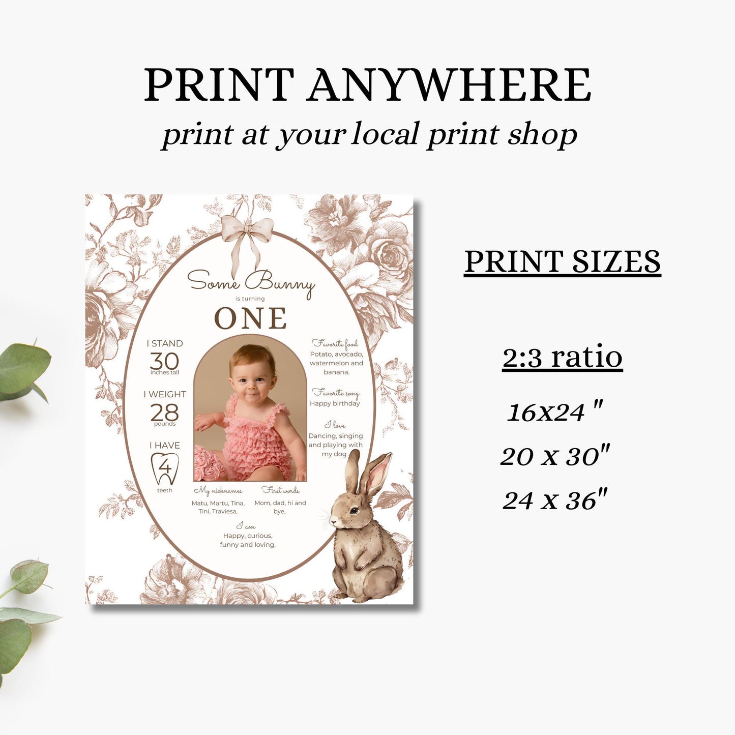 Some Bunny is One First Birthday Sign Stats Poster Editable Bunny 1st Birthday Monthly Banner Vintage Floral Rabbit Photo Milestone sign