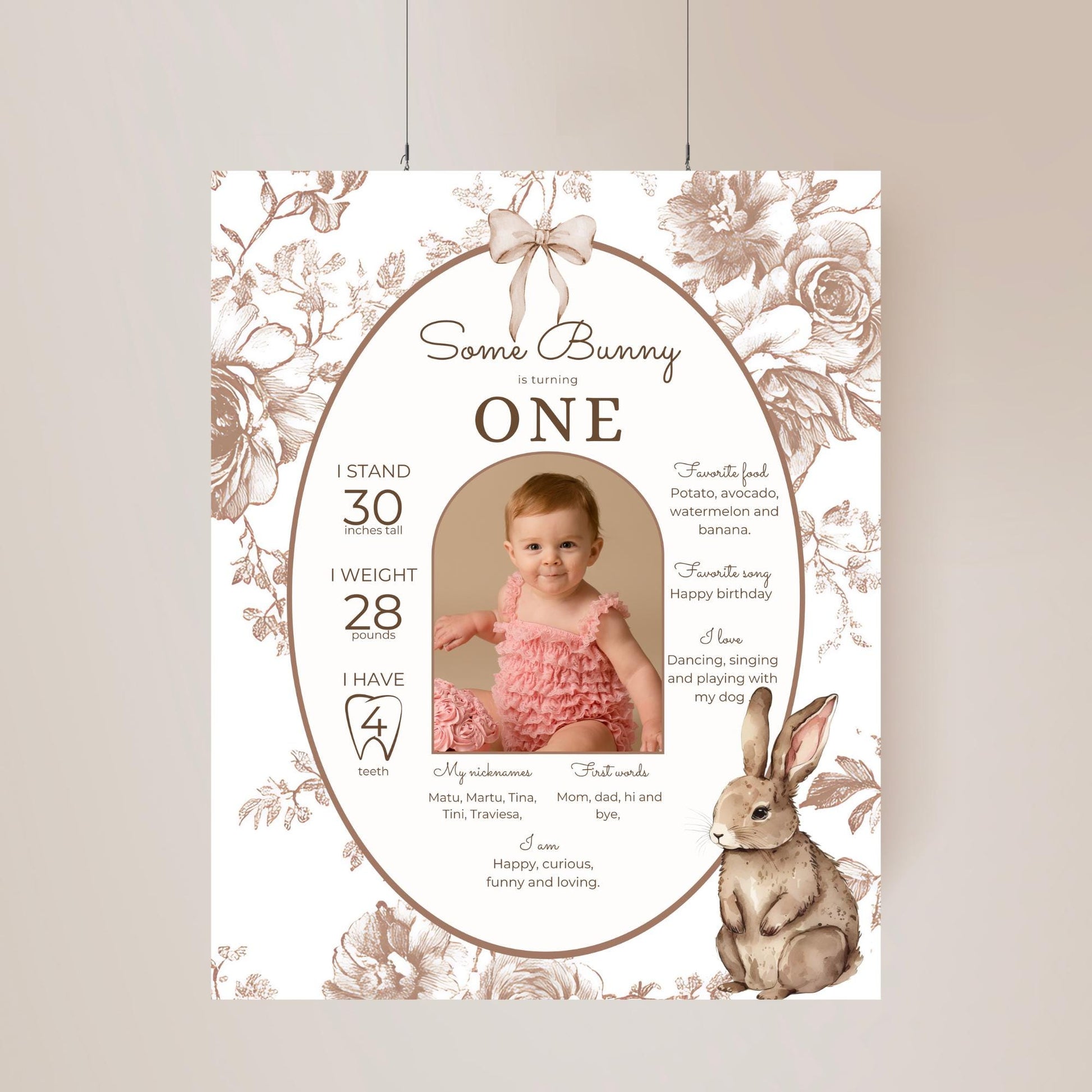 Some Bunny is One First Birthday Sign Stats Poster Editable Bunny 1st Birthday Monthly Banner Vintage Floral Rabbit Photo Milestone sign
