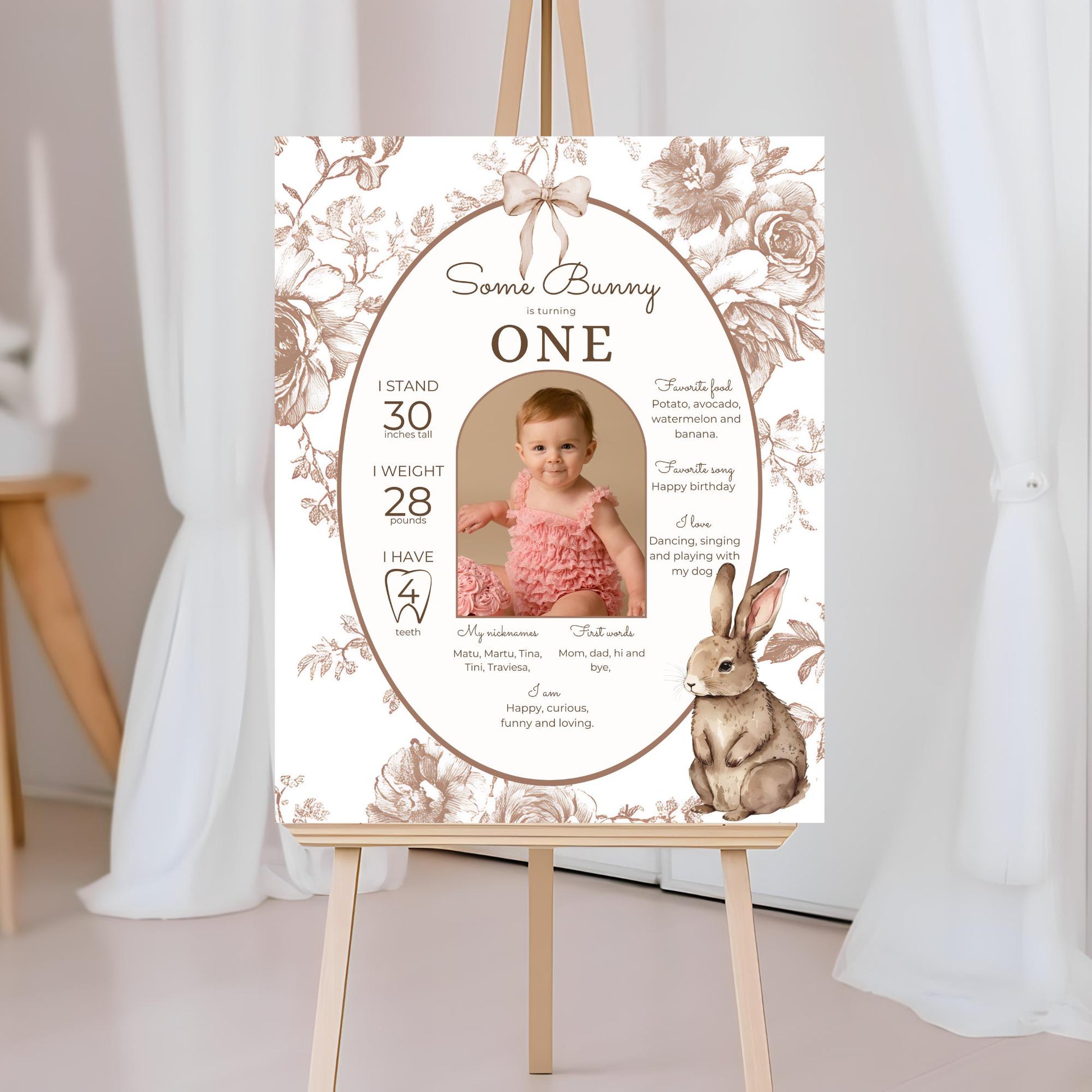 Some Bunny is One First Birthday Sign Stats Poster Editable Bunny 1st Birthday Monthly Banner Vintage Floral Rabbit Photo Milestone sign