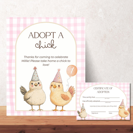 Adopt a Chick Sign Adoption Certificate One Cute Chick Party Favor Printable Birthday Decor Download Chicken Birthday Decor Barnyard
