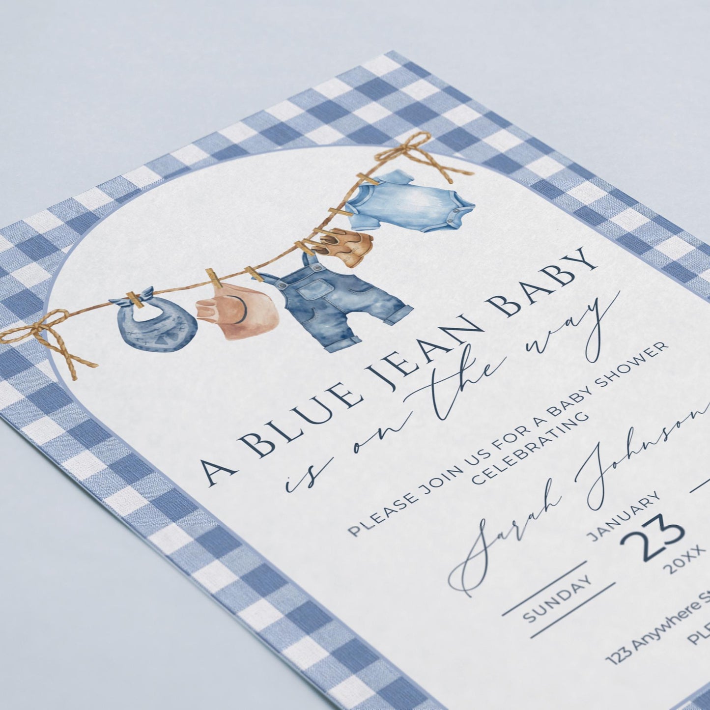 Blue Jean Baby Shower Invitation Blue Gingham Baby Sprinkle Invite Denim Baby Shower Cowboy Baby Shower Editable Baby Shower Invitation