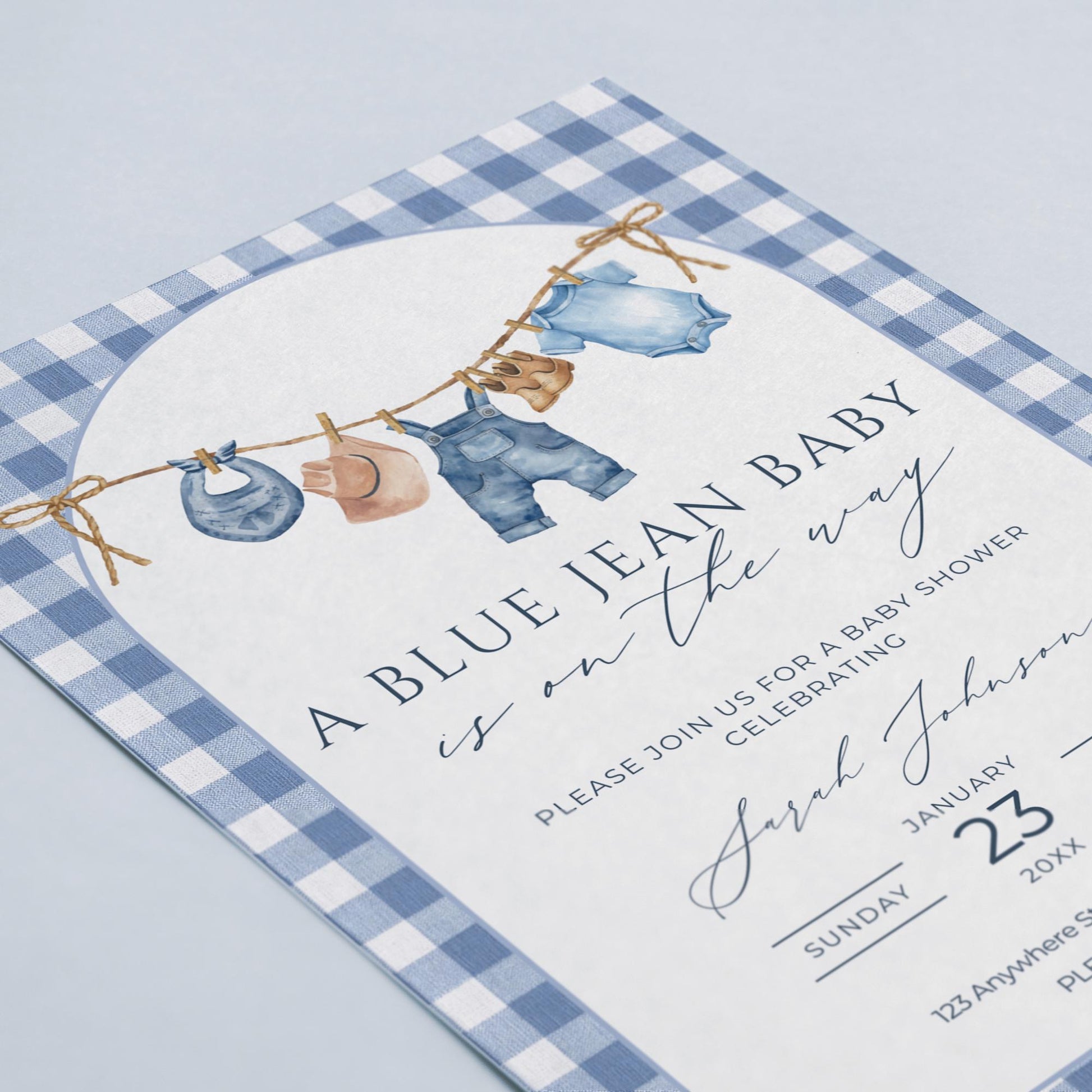 Blue Jean Baby Shower Invitation Blue Gingham Baby Sprinkle Invite Denim Baby Shower Cowboy Baby Shower Editable Baby Shower Invitation