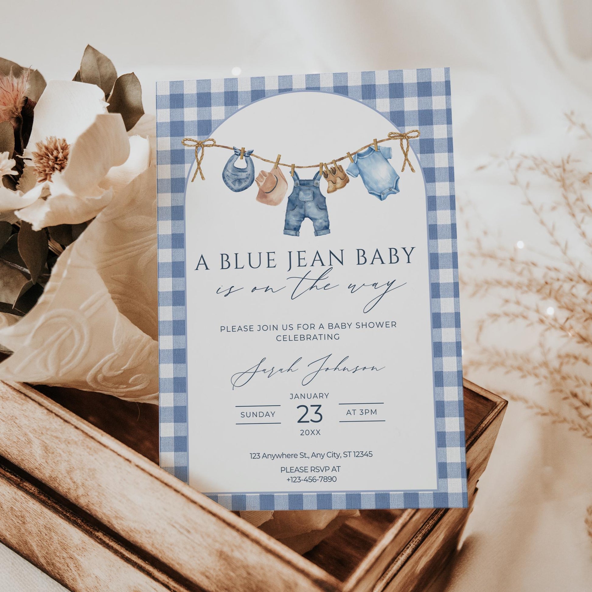 Blue Jean Baby Shower Invitation Blue Gingham Baby Sprinkle Invite Denim Baby Shower Cowboy Baby Shower Editable Baby Shower Invitation