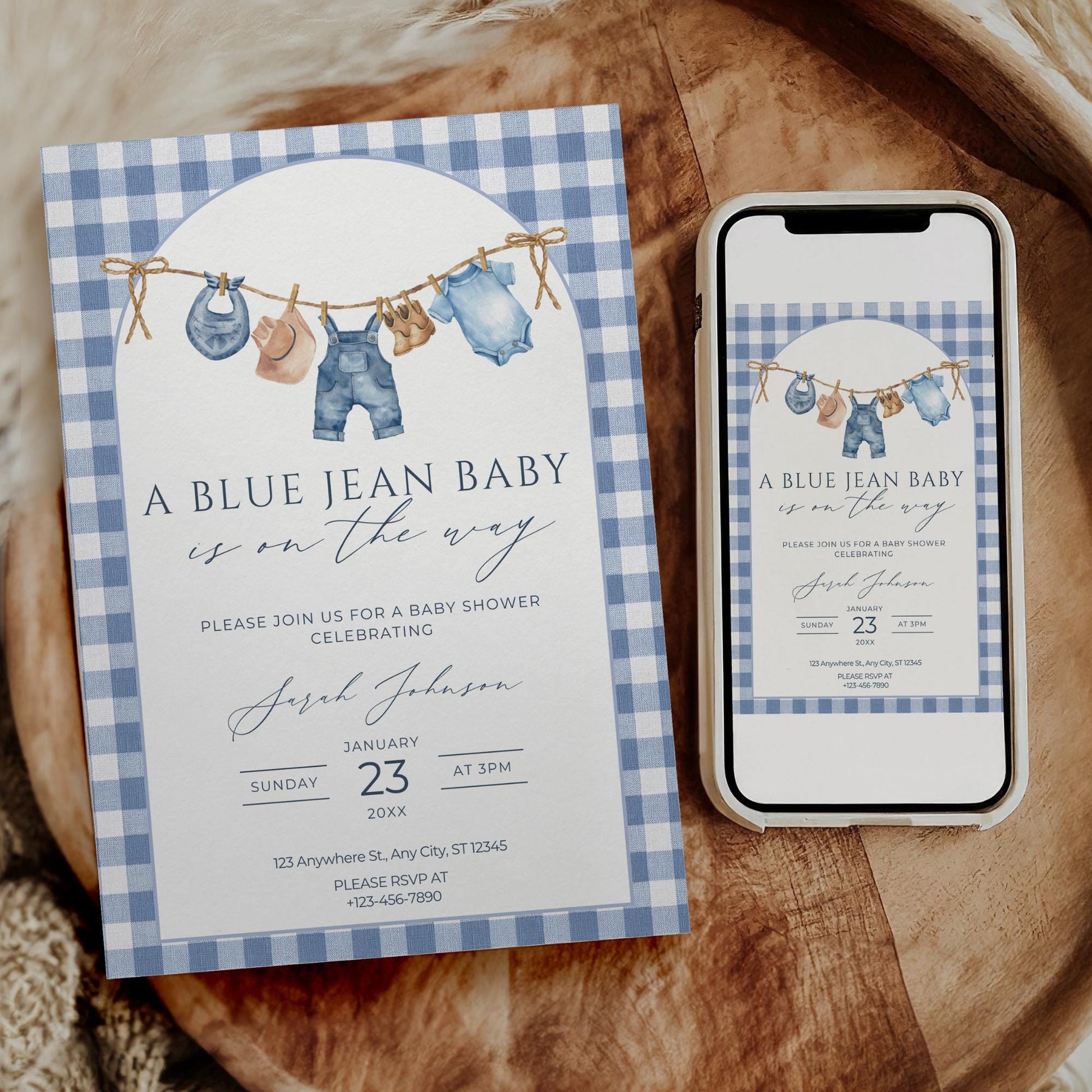 Blue Jean Baby Shower Invitation Blue Gingham Baby Sprinkle Invite Denim Baby Shower Cowboy Baby Shower Editable Baby Shower Invitation