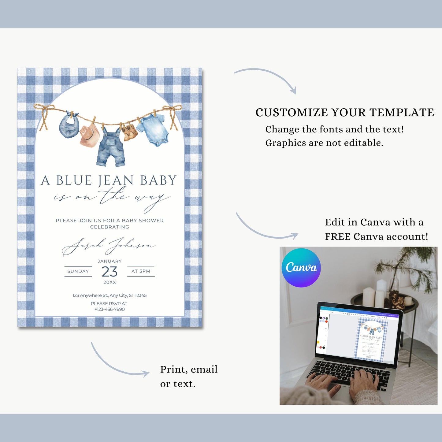 Blue Jean Baby Shower Invitation Blue Gingham Baby Sprinkle Invite Denim Baby Shower Cowboy Baby Shower Editable Baby Shower Invitation