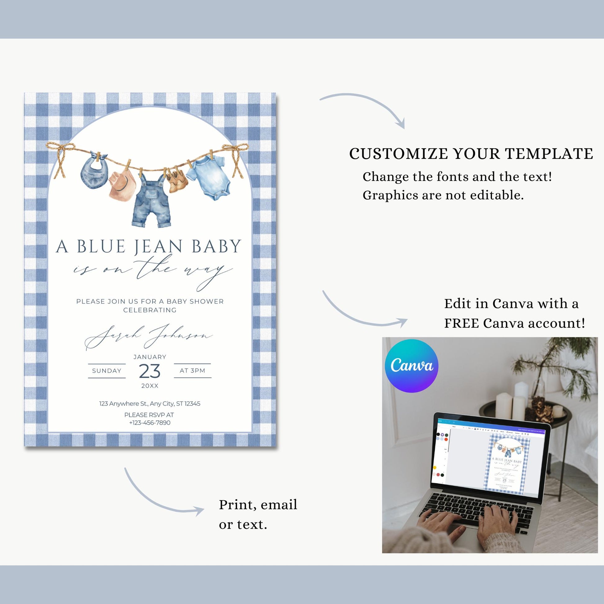 Blue Jean Baby Shower Invitation Blue Gingham Baby Sprinkle Invite Denim Baby Shower Cowboy Baby Shower Editable Baby Shower Invitation