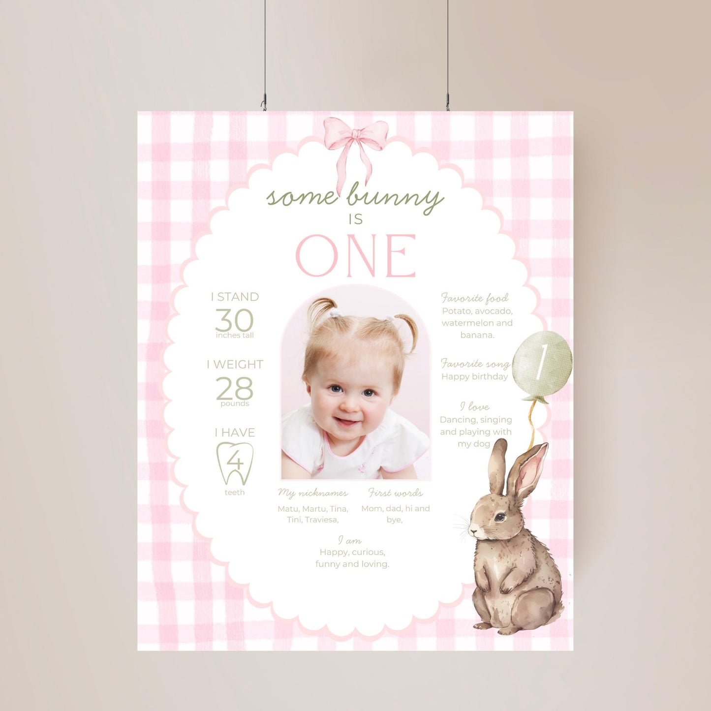 Some Bunny is One First Birthday Sign Stats Poster Editable Bunny 1st Birthday Monthly Banner Pink Gingham Rabbit Photo Milestone sign