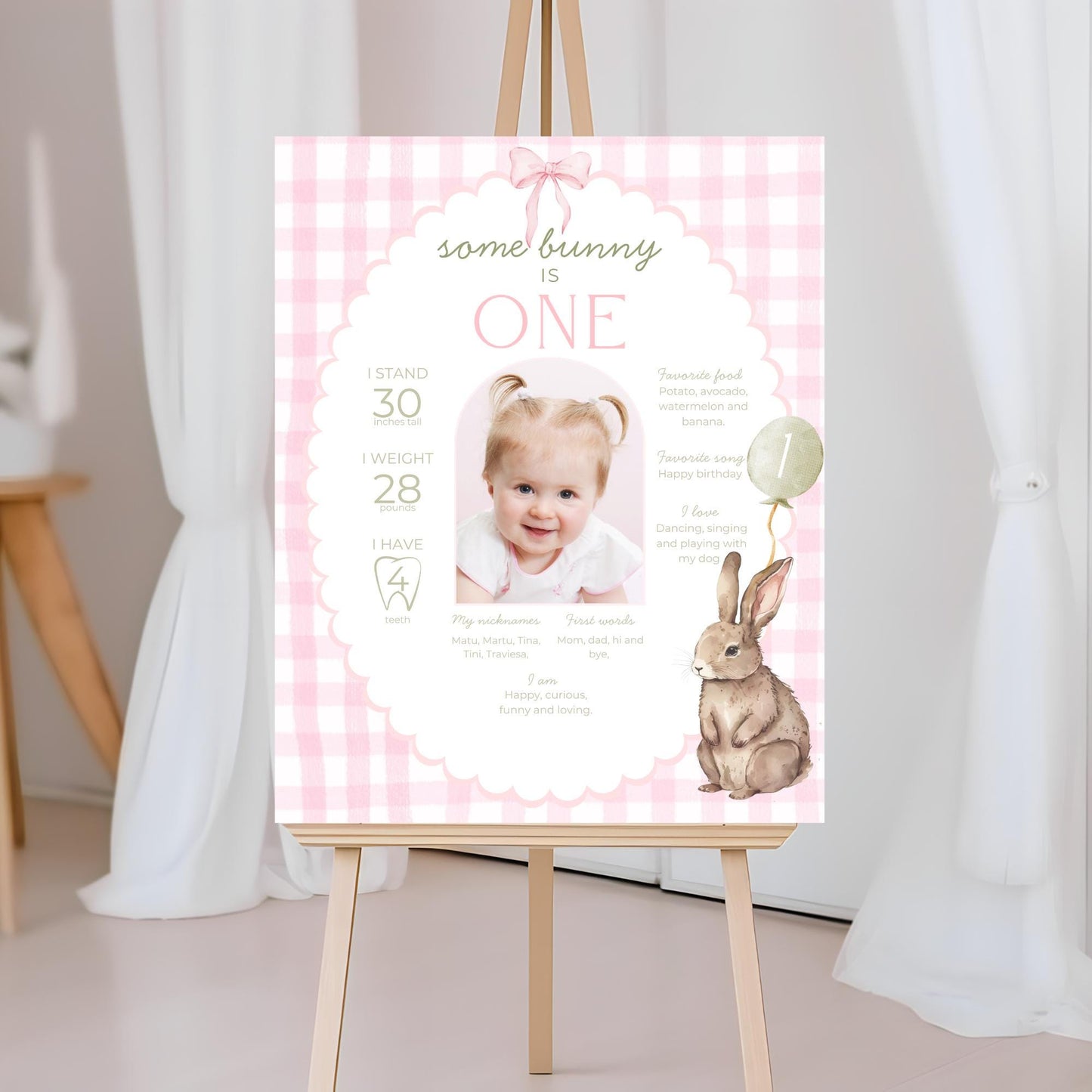 Some Bunny is One First Birthday Sign Stats Poster Editable Bunny 1st Birthday Monthly Banner Pink Gingham Rabbit Photo Milestone sign