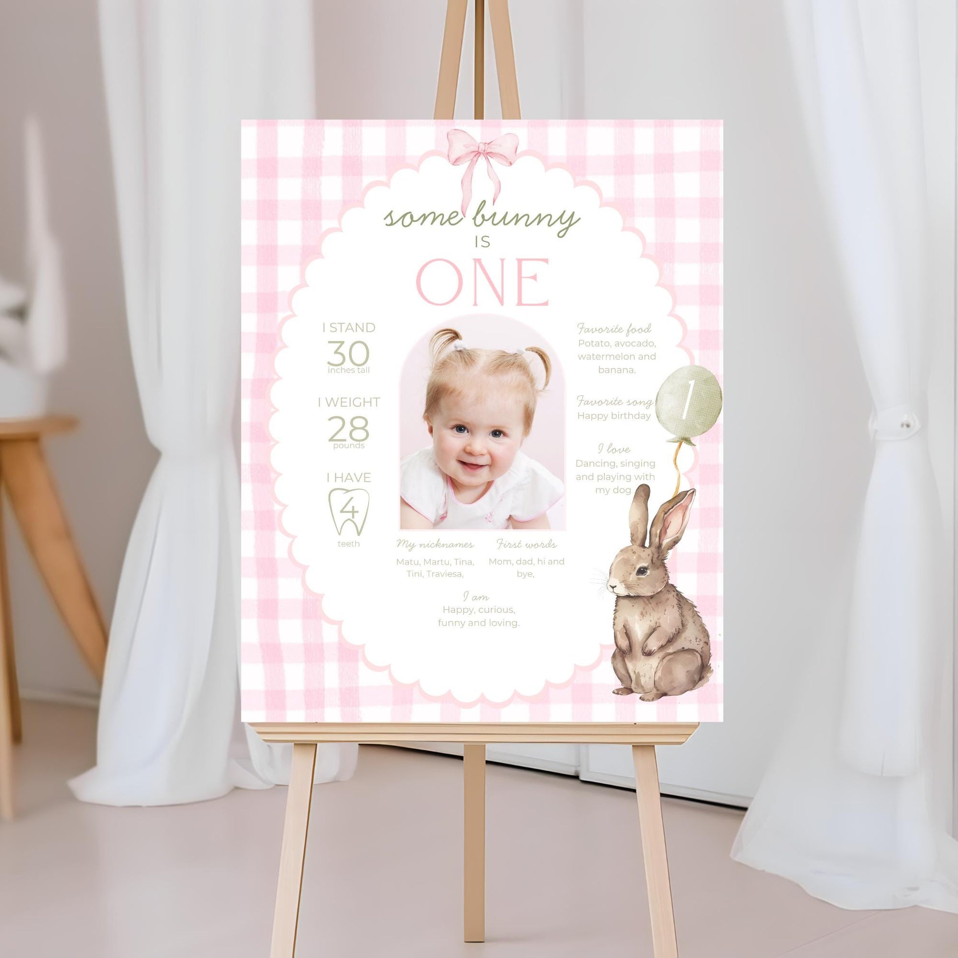 Some Bunny is One First Birthday Sign Stats Poster Editable Bunny 1st Birthday Monthly Banner Pink Gingham Rabbit Photo Milestone sign